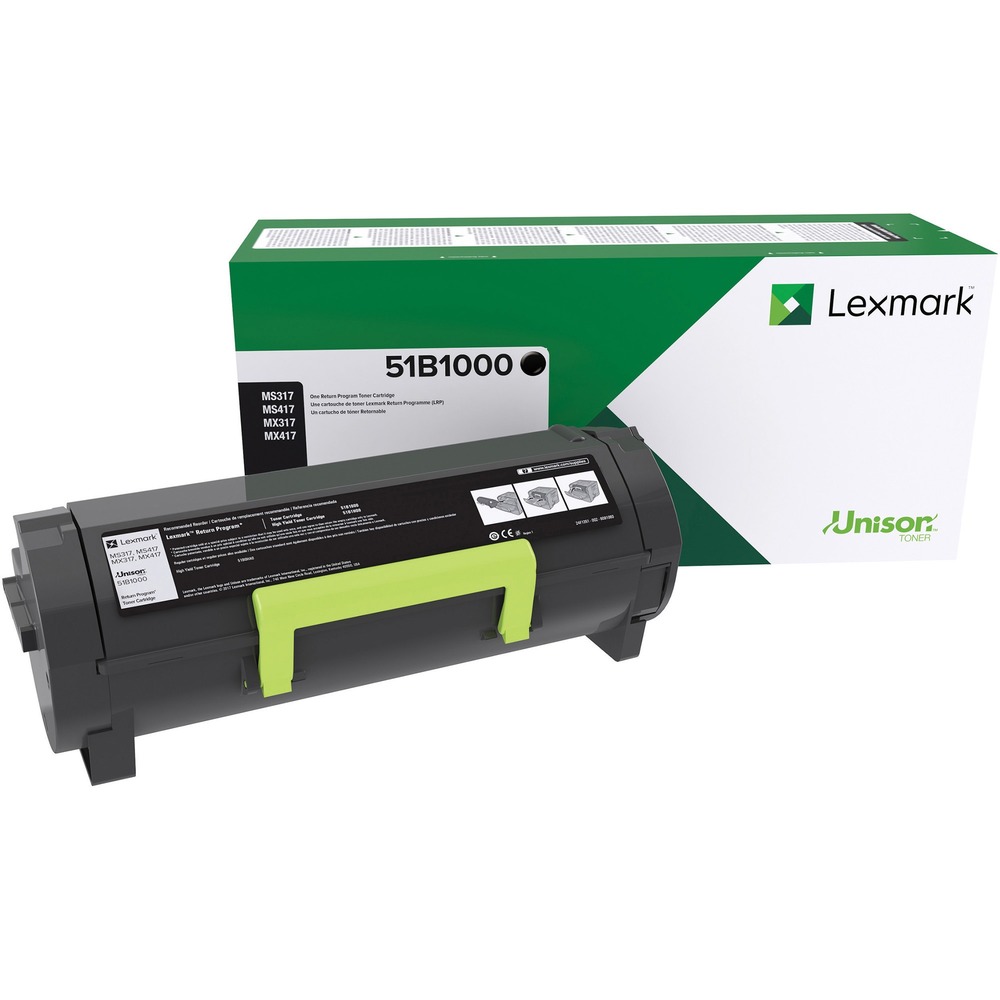 LEX51B1000 - Toner cartridge features the Unison Toner's unique formulation that consistently delivers outstanding image quality, ensures long-life print system reliability and promotes superior sustainability - all in an innovative, shake-free print system. Genuine Lexmark toner is engineered to work best together with your Lexmark printer, delivering excellent print quality from the first page to the last. Cartridge is designed for use with Lexmark MS317dn, MS417dn, MS517dn, MS617dn, MX317dn, MX417de, MX517de and MX617de. Lexmark Return Program cartridges are patented print cartridges sold at a discount in exchange for the customer's agreement to the license requirement that the cartridges will be used only once and returned only to Lexmark for remanufacturing or recycling. These patented cartridges are licensed for single use only and will stop working after delivering a fixed amount. Cartridge yields approximately 2,500 pages.