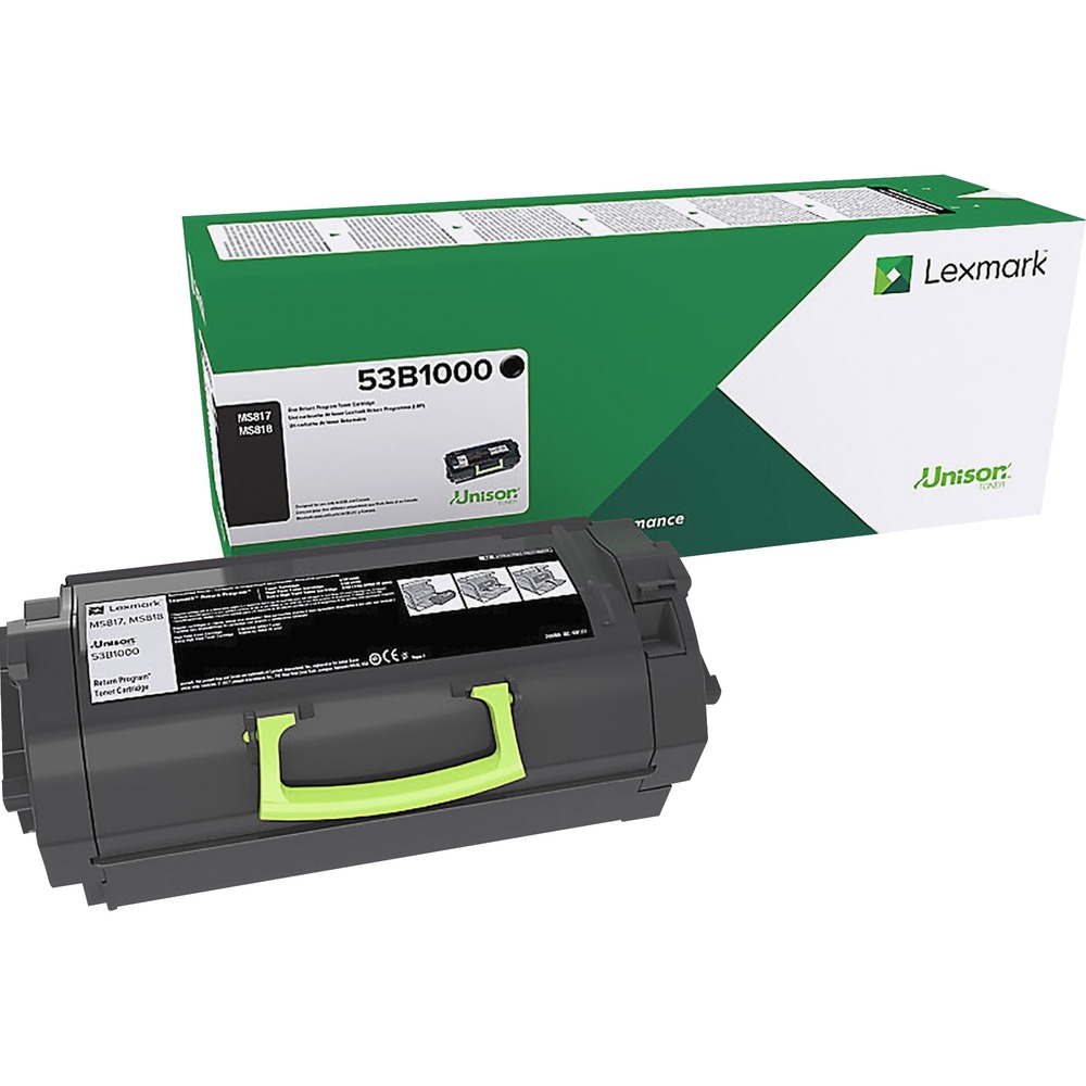 LEX53B1000 - Toner cartridge features the Unison Toner's unique formulation that consistently delivers outstanding image quality, ensures long-life print system reliability and promotes superior sustainability - all in an innovative, shake-free print system. Genuine Lexmark toner is engineered to work best together with your Lexmark printer, delivering excellent print quality from the first page to the last. Cartridge is designed for use with Lexmark MS817 and MS818. Lexmark Return Program cartridges are patented print cartridges sold at a discount in exchange for the customer's agreement to the license requirement that the cartridges will be used only once and returned only to Lexmark for remanufacturing or recycling. These patented cartridges are licensed for single use only and will stop working after delivering a fixed amount. Cartridge yields approximately 11,000 pages.