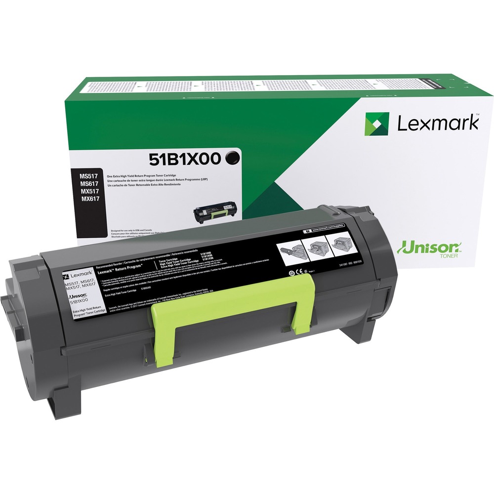 LEX51B1X00 - Extra high-yield toner cartridge features the Unison Toner's unique formulation that consistently delivers outstanding image quality, ensures long-life print system reliability and promotes superior sustainability - all in an innovative, shake-free print system. Essential to Lexmark print system performance, genuine Lexmark toner is engineered to work best together with your Lexmark printer, delivering excellent print quality from the first page to the last. Return Program cartridges are patented print cartridges sold at a discount in exchange for the customer's agreement to the license requirement that the cartridges will be used only once and returned only to Lexmark for remanufacturing or recycling. These patented cartridges are licensed for single use only. Cartridge is designed for use with Lexmark MS517dn, MS617dn, MX517de and MX617de. Cartridge yields approximately 20,000 pages.