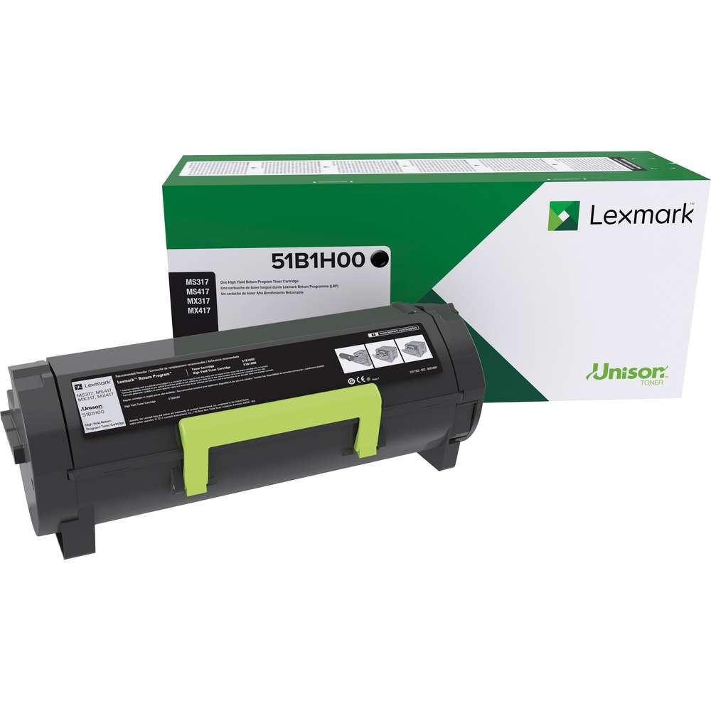 LEX51B1H00 - Return Program toner cartridge offers a high yield and is essential to Lexmark Print System performance. Unison toner consistently delivers outstanding image quality, ensures long-life system reliability and promotes superior sustainability - all in an innovative, shake-free print system. Cartridge is compatible with Lexmark MS417dn, MS517dn, MS617dn, MX417de, MX517de and, MX617de. Genuine Lexmark supplies are engineered to work best together with your Lexmark printer, delivering excellent print quality from the first page to the last. Return Program toner cartridge is a patented device that is sold at a special price subject to the restriction that the cartridge may be used only once. Following the initial use, return the cartridge only to Lexmark for remanufacture and/or recycling. Perfect for high-volume printing, high-yield cartridge maximizes your savings, yielding approximately 8,500 pages.