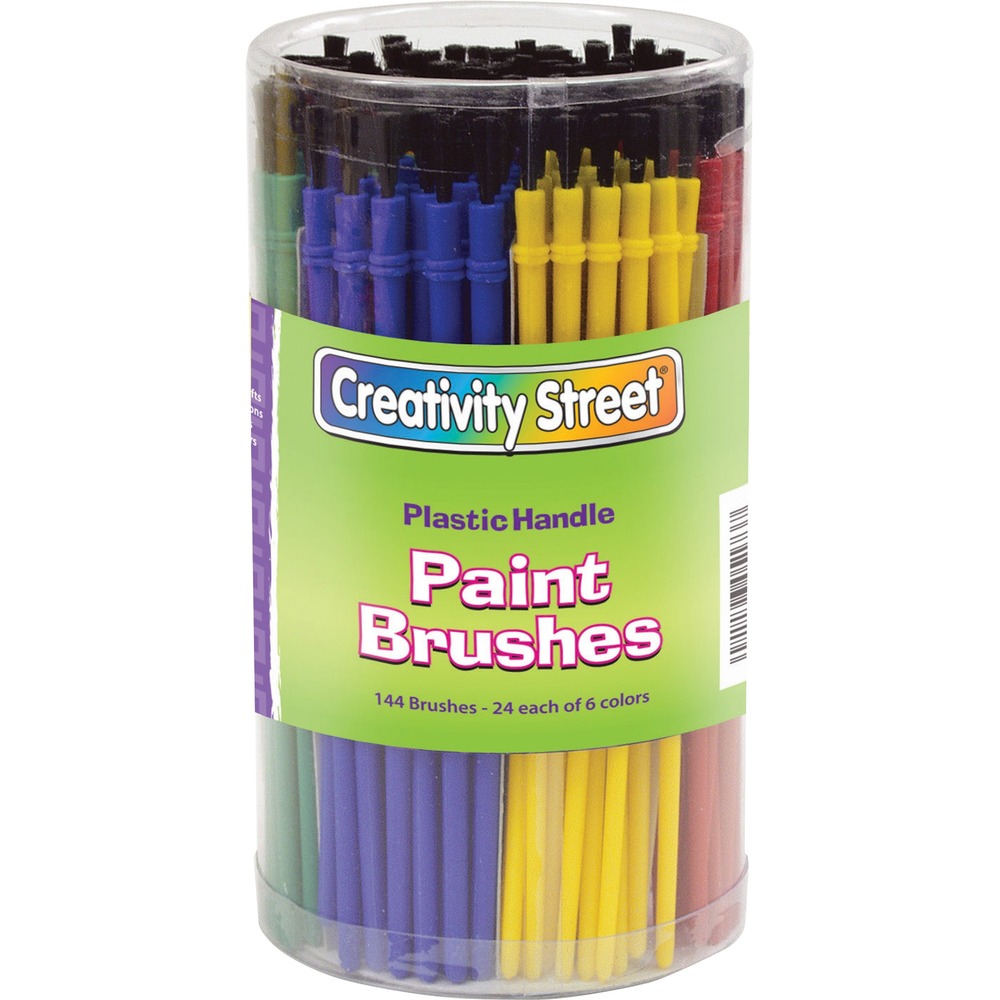 CKC5173 - Canister of paint brushes includes 24 each of sizes 1 through 6. Each paint brush features a brightly color plastic handle and nylon bristles. Ideal for ages 3 and up. Canister is made of clear plastic and includes a clear plastic lid.