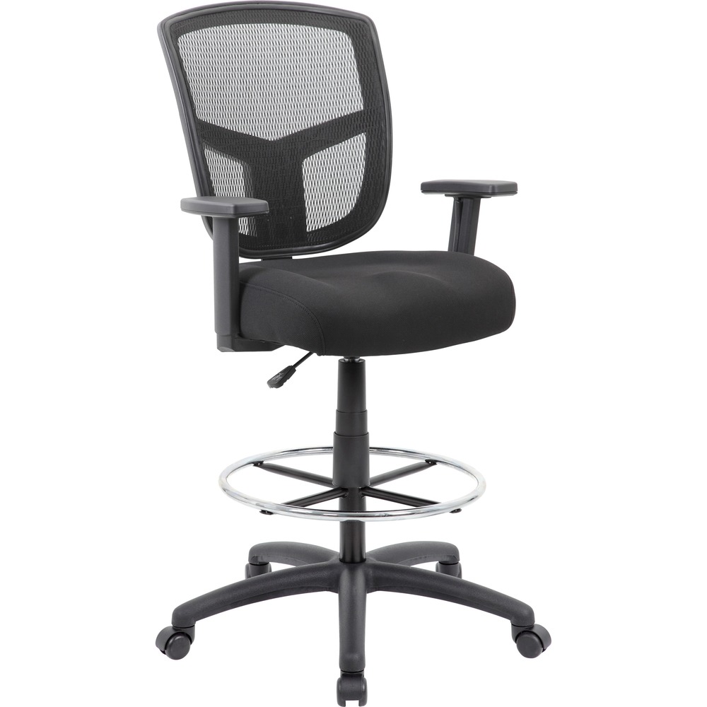 BOPB16021 - Contract Drafting Stool is a versatile, comfortable seating option for any office or studio. Stool provides a pneumatic gas-lift mechanism for adjustable-height options that are great for a desk or drafting table. Mesh seat and mesh back provide breathability. It also features adjustable arms for maximum comfort. Sturdy 27" nylon base with 2" nylon, dual-wheel casters provide a smooth roll. Stool has a weight capacity of 275 lb.