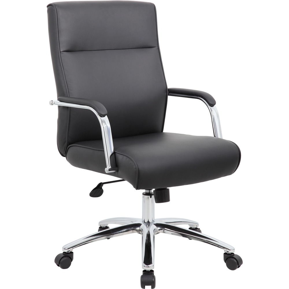 BOPB696CBK - The Modern Executive Conference Chair features CaressoftPlus upholstery to give you an ultra-soft seat that's both breathable and durable. This trademarked vinyl looks and feels like leather yet cleans easily with just a damp cloth. Spring-tilt mechanism allows you to change the angle of the entire seat relative to the floor and to transfer some of your upper body weight to the backrest of the chair. The 27" chrome base offers extra stability to the chair by spreading the load over a larger surface area to help prevent tipping. Pneumatic gas lift allows easy seat-height adjustments to help you find the personalized sitting style that suits you and your work environment. Padded, stationary loop arms are ergonomically shaped for comfort and extended use. Hooded, double-wheel casters slide smoothly on floors to make it easy to move and shift directions. Executive chair supports up to 275 lb.