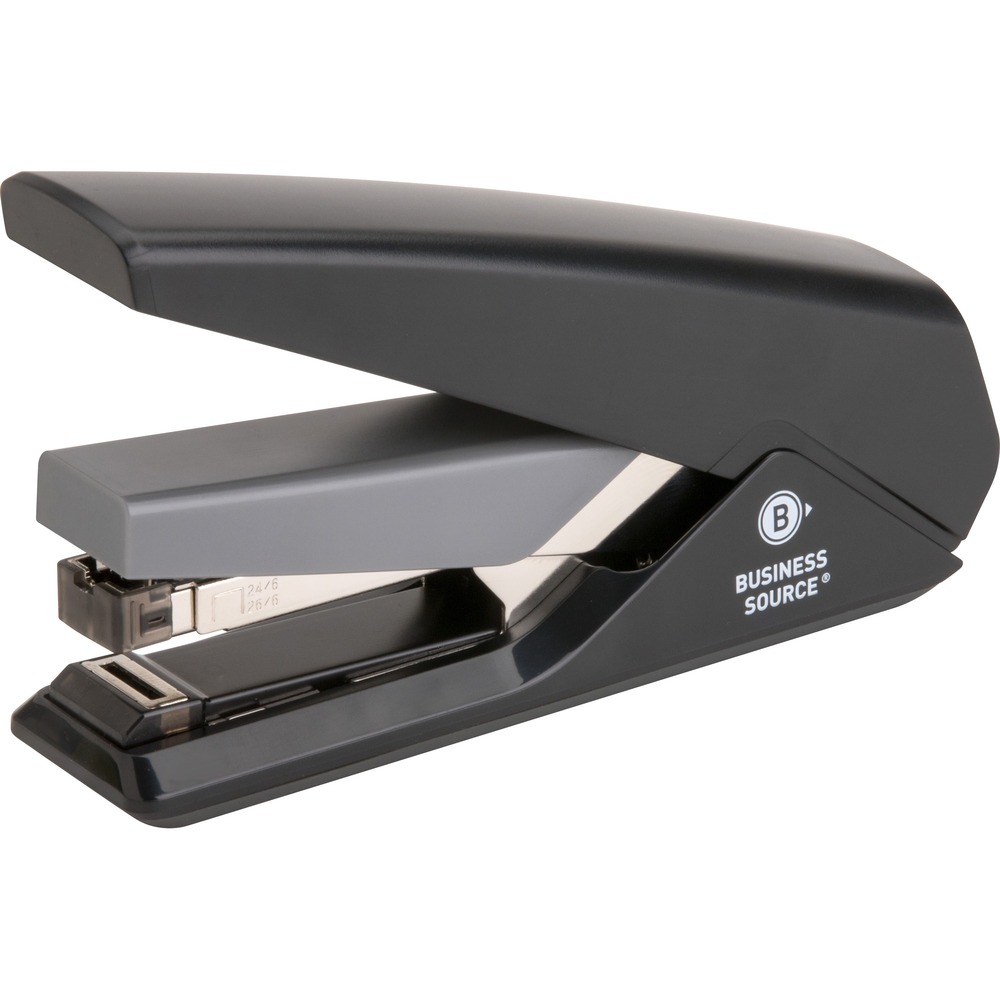 BSN62838 - Full-strip stapler features finger-touch technology that takes 50 percent less effort. Flat-clinch design reduces your paper stacks by 30 percent and allows easy, neat document stacking. Stapler also uses standard staples. Front-loading channel and push button release staple magazine. Standard-size staples (1/4" leg) fasten 30 sheets of 20 lb. paper. Stapler holds 210 staples. Design also features an anti-slip base and rotary anvil.