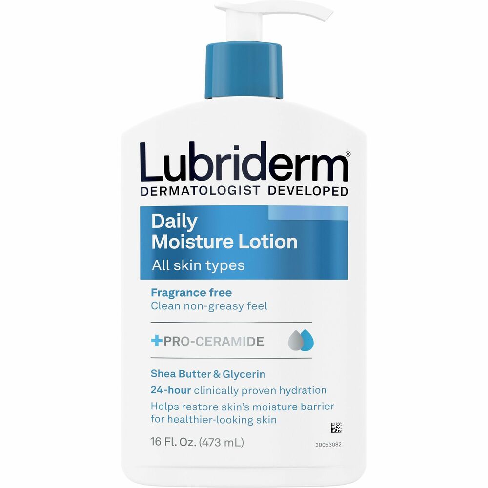 JOJ48323 - Ideal for normal-to-dry skin types, Lubriderm Daily Moisture Lotion replenishes and moisturizes dry skin. From a dermatologist-developed brand, this daily hydrating lotion is clinically shown to help moisturize dry skin for 24 hours, achieving healthy-looking skin. Lotion is enriched with Pro-Vitamin B5 and essential moisturizers naturally found in healthy skin to improve your skin's moisture barrier. Great for smoothing over hands and body every day, Lubriderm Daily Moisture Lotion is nongreasy for a clean, pleasant feel on the skin.