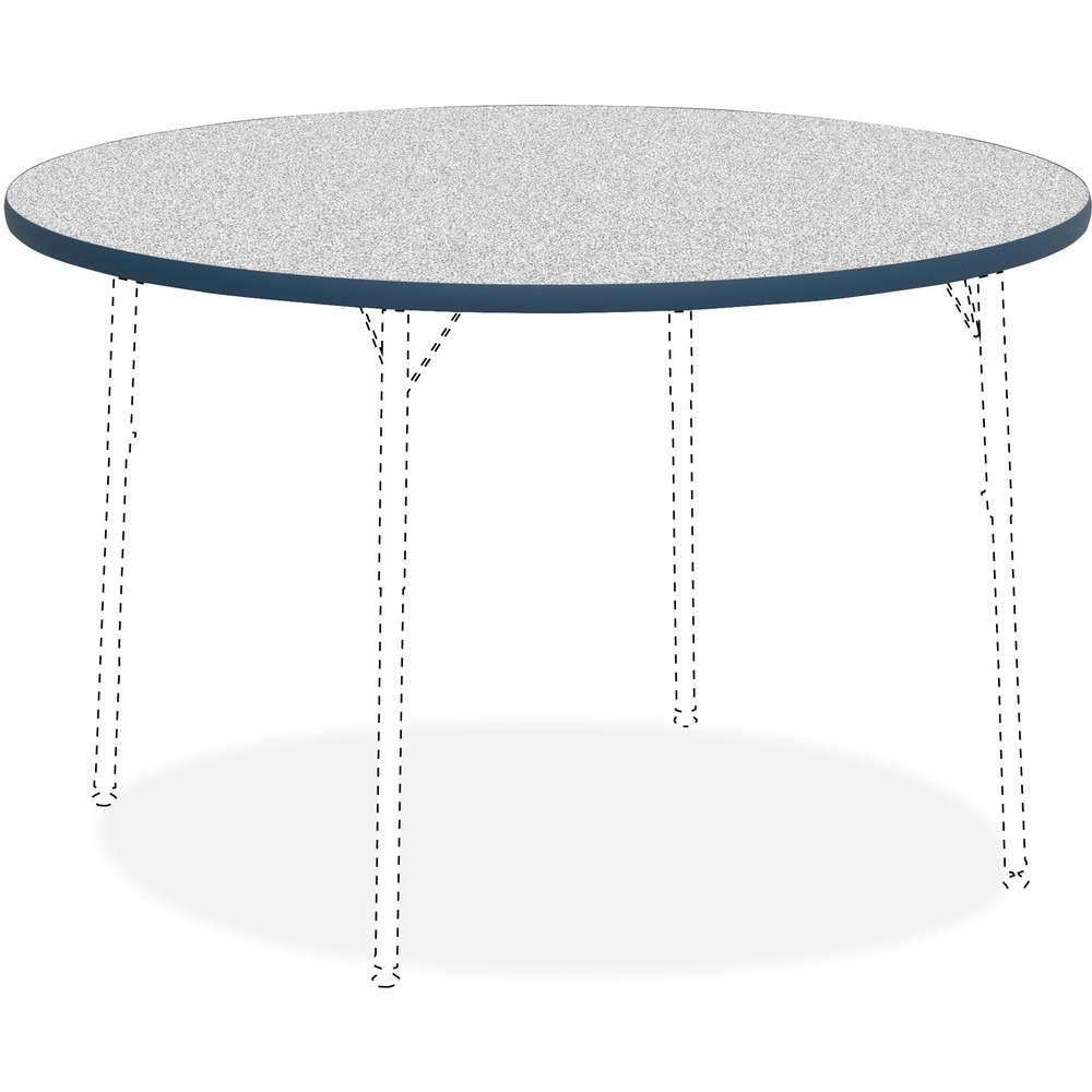 LLR99922 - Versatile Activity Tabletop is great for creating collaborative learning environments in classrooms, training rooms, conference rooms and more. Sturdy, round top is 1-1/8" thick. Table edges are cushioned with protective, navy edgebanding. The Grey Nebula, high-pressure laminate finish offers a smooth, durable worksurface. Activity Table Legs, the four-leg base, adjust in height from 22" to 30" or 17" to 25" in 1" increments and are sold separately.