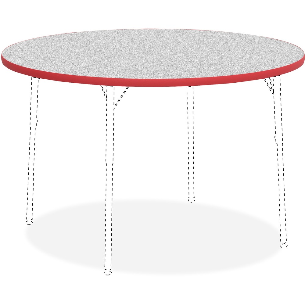LLR99923 - Versatile Activity Tabletop is great for creating collaborative learning environments in classrooms, training rooms, conference rooms and more. Sturdy, round top is 1-1/8" thick. Table edges are cushioned with protective, red edgebanding. The Grey Nebula, high-pressure laminate finish offers a smooth, durable worksurface. Activity Table Legs, the four-leg base, adjust in height from 22" to 30" or 17" to 25" in 1" increments and are sold separately.