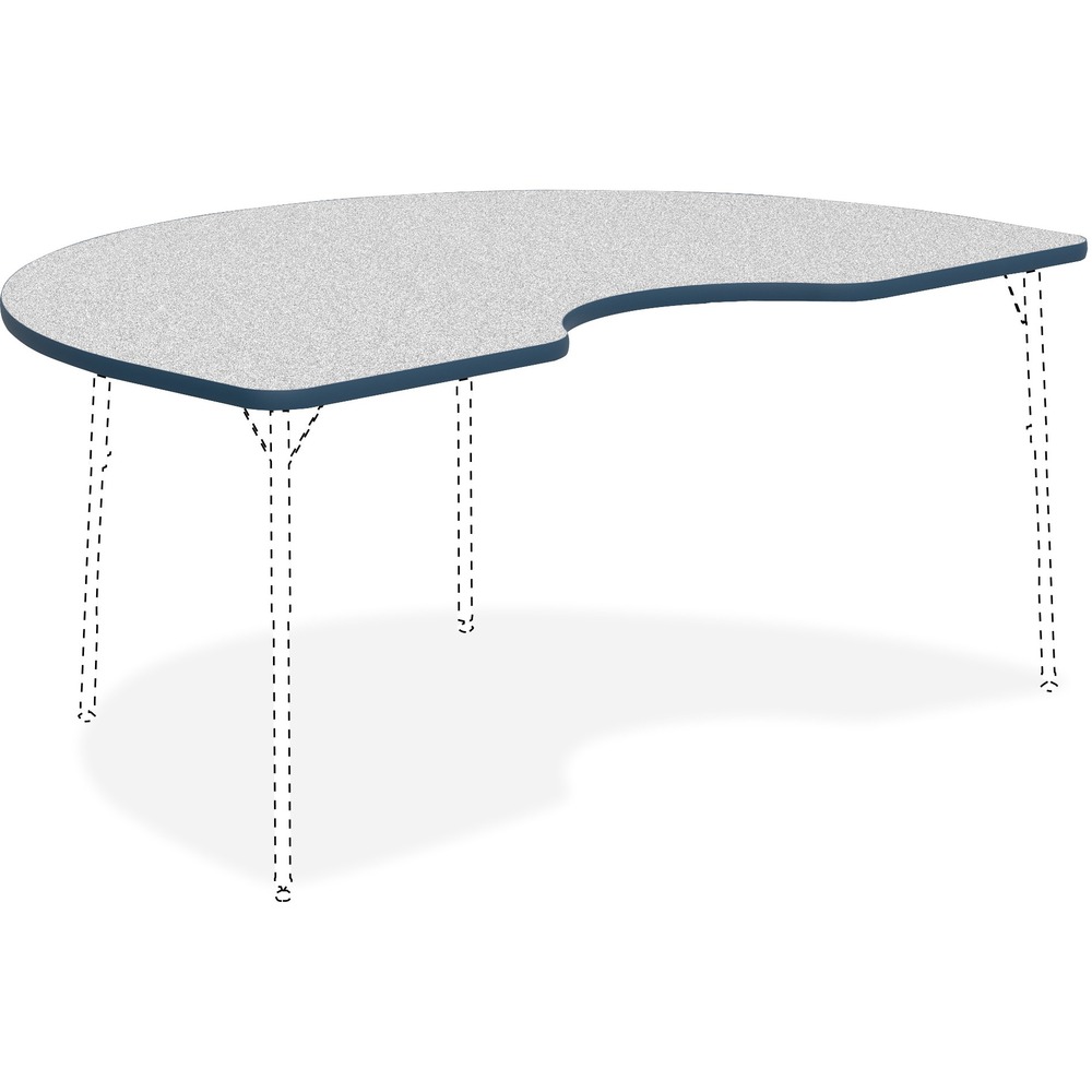 LLR99924 - Versatile Activity Tabletop is great for creating collaborative learning environments in classrooms, training rooms, conference rooms and more. Sturdy, kidney-shaped top is 1-1/8" thick. Table edges are cushioned with protective, navy edgebanding. Kidney shape offers a place for the teacher at the table. The Grey Nebula, high-pressure laminate finish offers a smooth, durable worksurface. Activity Table Legs, the four-leg base, adjust in height from 22" to 30" or 17" to 25" in 1" increments and are sold separately.