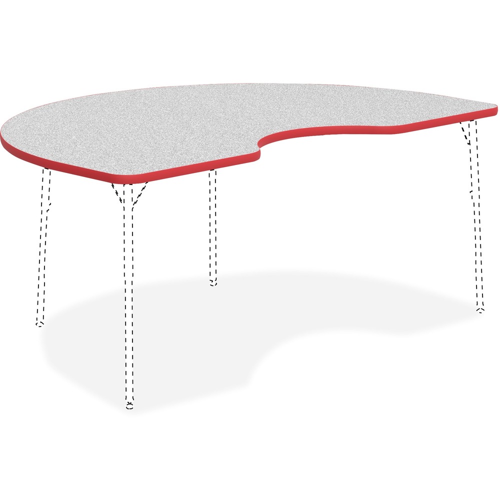 LLR99925 - Versatile Activity Tabletop is great for creating collaborative learning environments in classrooms, training rooms, conference rooms and more. Sturdy, kidney-shaped top is 1-1/8" thick. Table edges are cushioned with protective, red edgebanding. Kidney shape offers a place for the teacher at the table. The Grey Nebula, high-pressure laminate finish offers a smooth, durable worksurface. Activity Table Legs, the four-leg base, adjust in height from 22" to 30" or 17" to 25" in 1" increments and are sold separately.