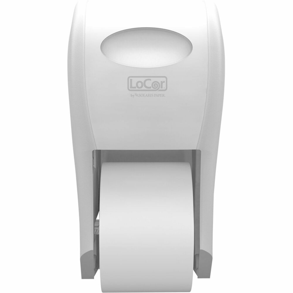SOLD67012 - Top-Down Bath Tissue Dispenser is a large-capacity, dual-roll system with a 3,000-sheet capacity. This no-waste system uses auto roll transfer for easy dispensing. Sleek, reliable dispenser adds a modern, polished style to high-end washrooms. It is compatible with LoCor Bath Tissue (not included) that uses rapidly renewable fiber (RRF) made from eucalyptus and acacia trees that can be harvested every 6 to 8 years - less than half as long as traditional-grown trees.