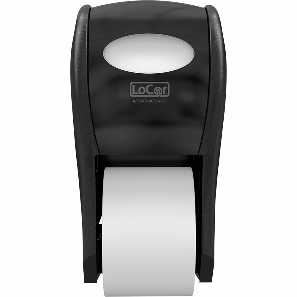 SOLD67013 - Top-Down Bath Tissue Dispenser is a large-capacity, dual-roll system with a 3,000-sheet capacity. This no-waste system uses auto roll transfer for easy dispensing. Sleek, reliable dispenser adds a modern, polished style to high-end washrooms. It is compatible with LoCor Bath Tissue (not included) that uses rapidly renewable fiber (RRF) made from eucalyptus and acacia trees that can be harvested every 6 to 8 years - less than half as long as traditional-grown trees.