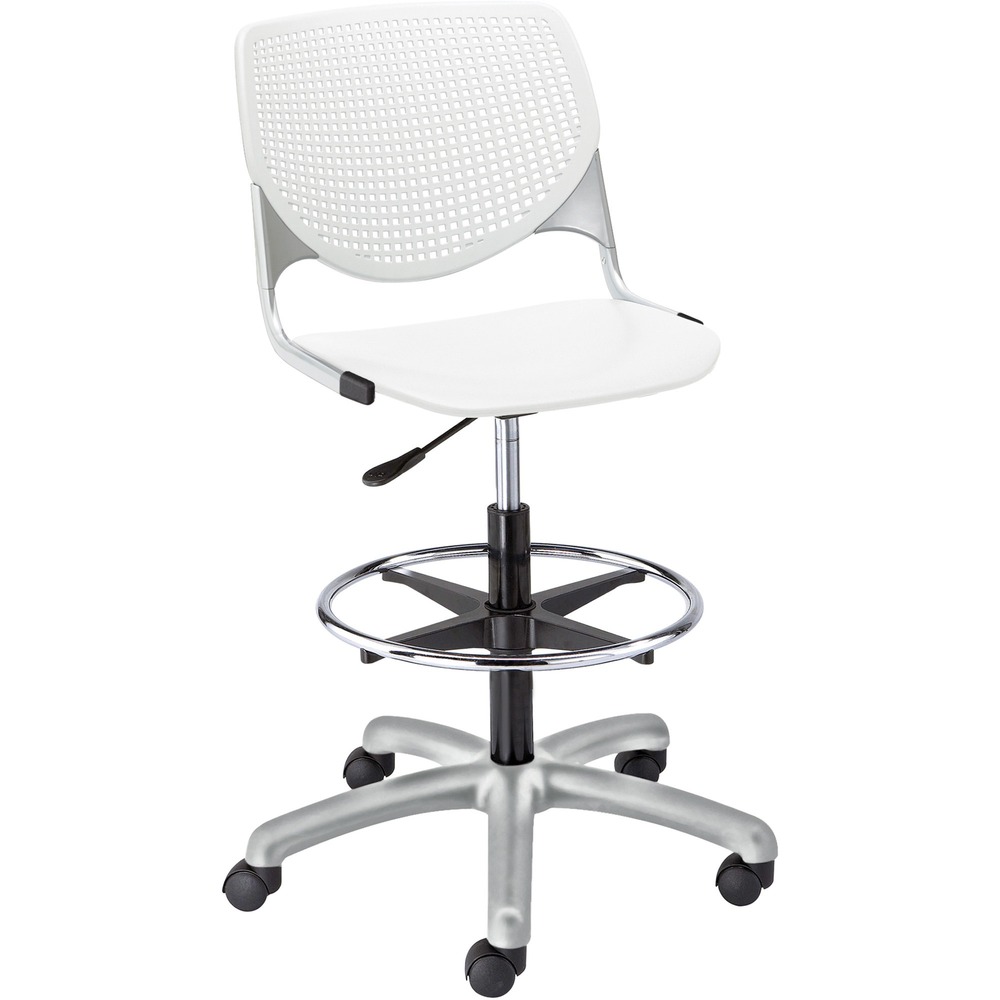 KFIDS2300P08 - Kool Task Stool with solid color, polypropylene back and seat adds flair and comfort to any space. Ergonomic, perforated back offers an attractive design that enhances circulation and airflow. Radius conforms to your back for maximum comfort. The 12-gauge frame with 16-gauge, tubed steel provides a secure, supportive base for optimal longevity. Chair swivels 360 degrees for maximum movement. Pneumatic gas lift raises or lowers chair for optimal height options. Adjustable, chrome footring provides comfort in a relaxed position. Five-star base includes hooded, dual-wheel casters for easy mobility.