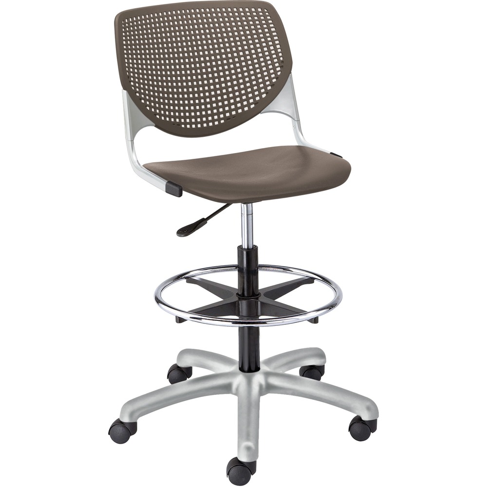 KFIDS2300P18 - Kool Task Stool with solid color, polypropylene back and seat adds flair and comfort to any space. Ergonomic, perforated back offers an attractive design that enhances circulation and airflow. Radius conforms to your back for maximum comfort. The 12-gauge frame with 16-gauge, tubed steel provides a secure, supportive base for optimal longevity. Chair swivels 360 degrees for maximum movement. Pneumatic gas lift raises or lowers chair for optimal height options. Adjustable, chrome footring provides comfort in a relaxed position. Five-star base includes hooded, dual-wheel casters for easy mobility.