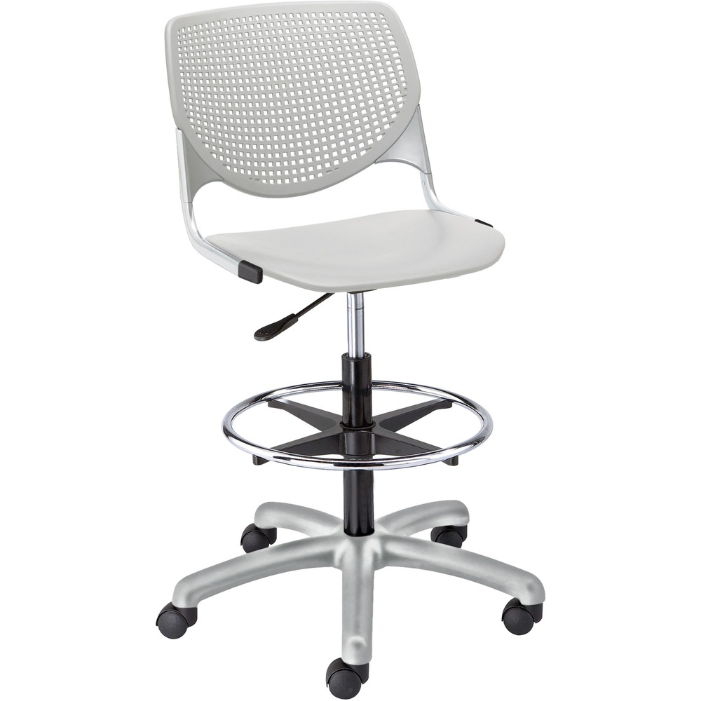 KFIDS2300P13 - Kool Task Stool with solid color, polypropylene back and seat adds flair and comfort to any space. Ergonomic, perforated back offers an attractive design that enhances circulation and airflow. Radius conforms to your back for maximum comfort. The 12-gauge frame with 16-gauge, tubed steel provides a secure, supportive base for optimal longevity. Chair swivels 360 degrees for maximum movement. Pneumatic gas lift raises or lowers chair for optimal height options. Adjustable, chrome footring provides comfort in a relaxed position. Five-star base includes hooded, dual-wheel casters for easy mobility.