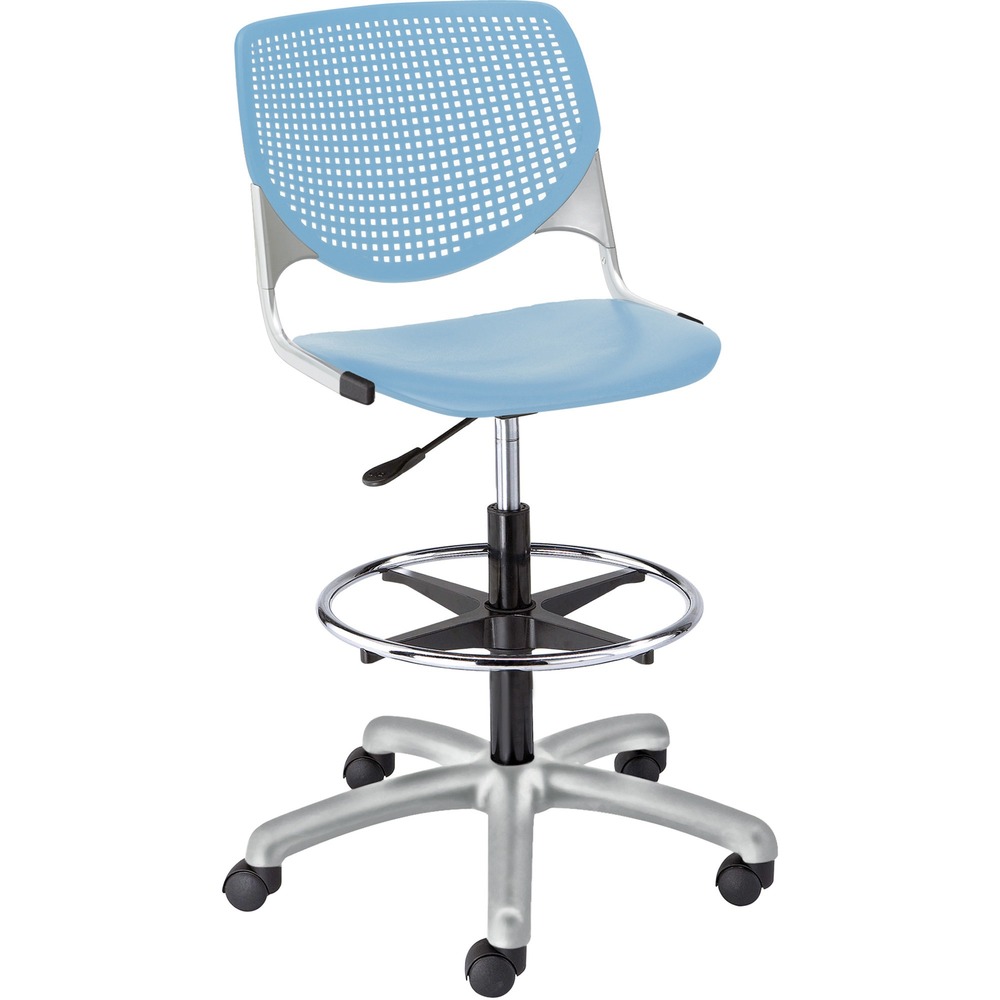 KFIDS2300P35 - Kool Task Stool with solid color, polypropylene back and seat adds flair and comfort to any space. Ergonomic, perforated back offers an attractive design that enhances circulation and airflow. Radius conforms to your back for maximum comfort. The 12-gauge frame with 16-gauge, tubed steel provides a secure, supportive base for optimal longevity. Chair swivels 360 degrees for maximum movement. Pneumatic gas lift raises or lowers chair for optimal height options. Adjustable, chrome footring provides comfort in a relaxed position. Five-star base includes hooded, dual-wheel casters for easy mobility.