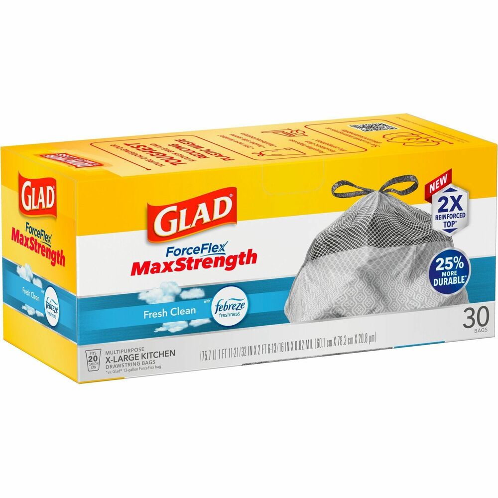 CLO78913 - Glad ForceFlex MaxStrength X-Large Kitchen Trash Bags provide strength and Fresh Clean scent with Febreze Freshness to help your kitchen smell fresh. These 20-gallon bags are 25 percent more durable than a 20-gallon Glad ForceFlex and equipped with a twice-reinforced top compared to a standard, 20-gallon Glad kitchen bag to pull and carry, helping prevent rips at the top. It also features an outer leak protection layer and inner layer that stretches to help prevent rips and tears. OdorShield technology provides odor control to help fight smells. Bags from Glad U.S. plants are made with 100 percent renewable electricity, and all electrical energy used is offset by virtual power purchase agreements and purchased renewable energy certificates (RECs).