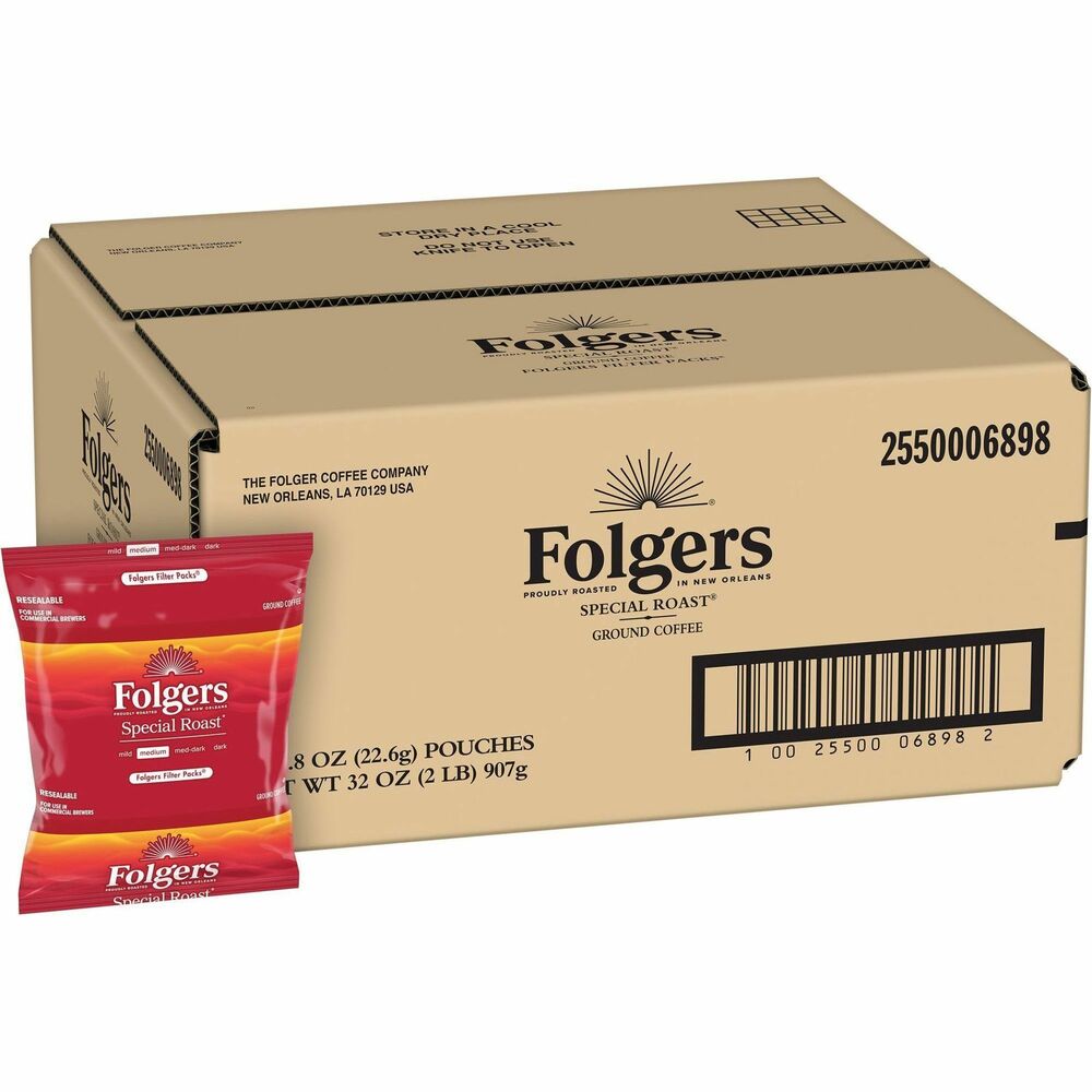 FOL06898 - Folgers Filter Packs are a low-touch, convenient way to deliver coffee employees love. By brewing premeasured coffee grounds in a sealed filter, offices can eliminate potential points of contact with grounds. The rich flavor of Folgers is more than just coffee - it's tradition. Folgers Special Roast Coffee is a well-crafted, medium-roasted blend that has an exceptionally balanced taste.