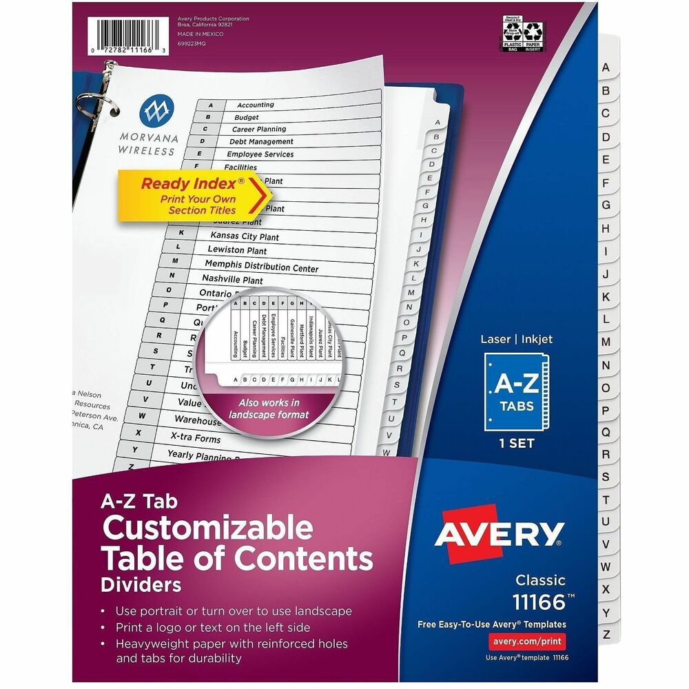 AVE11166 - Organize documents quickly and easily with extra-wide dividers that are ideal for documents in 9" x 11" sheet protectors. A reinforced table of contents page and coordinating preprinted tabs make referencing easy while offering a professional look. Customize the table of contents page with section titles as well as graphics or a company logo. Heavyweight paper with extended tab reinforcement and double-sided hole reinforcement prevents tearing even with frequent use. Extra-wide A-Z Ready Index Dividers can be used in portrait or landscape formats. Easily customize with free online templates and designs using Avery Design and Print. They are compatible with laser and inkjet printers. More from the Manufacturer