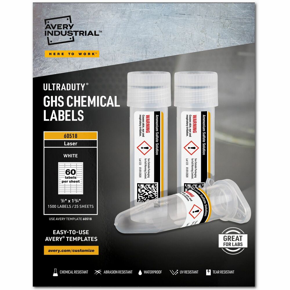 AVE60518 - Get your organization's chemical labeling in compliance with the Globally Harmonized System by using these durable labels. UltraDuty GHS Chemical Labels are specifically designed to withstand chemicals, abrasion, sun, water and extreme temperatures. They resist tearing and scuffing and stand up to frequent use. With high-performance adhesive, they pass the BS5609 protocol for 90-day seawater immersion. Polyester film labels are ideal for labeling for drums, pails and totes. Easily customize and print your required labels on demand using ready-to-use, free online templates or a special online, GHS Wizard labeling system. Customize labels with your company logo, lot numbers, bar codes or other information, and update as needed. Print using standard sheet-fed laser printers. Each sheet includes 60 labels. More from the Manufacturer