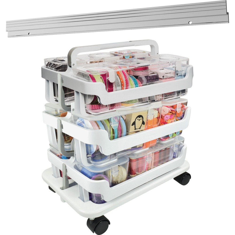DEF329003BB - Storage caddy kit features stackable caddy organizers and canisters, Stack-n-Go wheel base and a 22" mounting bar to keep your supplies organized and completely mobile. Clear storage canisters keep your supplies fully visible and can be removed to hang on the mounting bar. Hinged, snap-tight lids keep items secure and are easy to remove when you're ready to work. Lift-and-lock levers on the frame allow you to securely stack multiple caddies together for easy, consolidated travel. Stack-n-Go wheel base uses swivel casters to let you move an entire stack of supplies safely and easily.