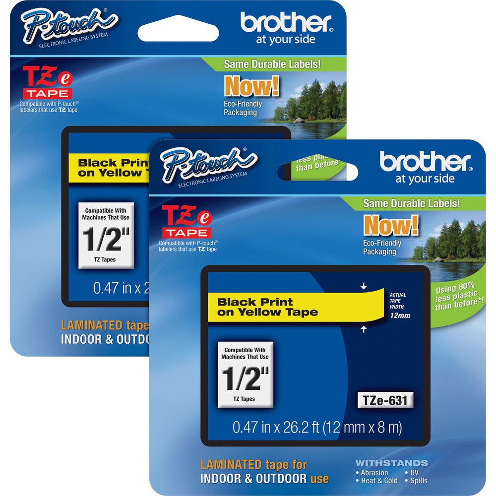 BRTTZE631BD - Laminated tape features standard adhesive designed for smooth, flat surfaces like office paper, file folders and binders. These labels stay on under normal indoor and outdoor use, including hot and cold environments. Use with Brother P-touch Labelers using TZ or TZe tapes. They include PT-D200, PT-D210, PT-H100, PT-1010, PT-1090, PT-1230PC, PT-1280, PT-1290, PT-1830, PT-1880, PT-2100, PT-2110, PT-2030, PT-2030AD, PT-2030VP, PT-D400, PT-D400AD, PT-D400VP, PT-D450, PT-H300, PT-H300LI, PT-2430PC, PT-2710, PT-2730, PT-2730VP, PT-D600, PT-1100, PT-1100SB, PT-1120, PT-1130, PT-1160, PT-1170S, PT-1180, PT-1190, PT-1200, PT-18R, PT-300, PT-310, PT-320, PT-1300, PT-1700, PT-1750, PT-1800, PT-1960, PT-330, PT-350, PT-520, PT-540, PT-580C, PT-2200, PT-2210, PT-2300, PT-2310, PT-2400, PT-2410, PT-2500PC, PT-2600, PT-2610, PT-3600, PT-9200DX, PT-9200PC, PT-9400, PT-9500PC and PT-9600. Print color is black. Background is yellow. Tape measures 12mm (8/17") wide x 8m (26-1/5') long.