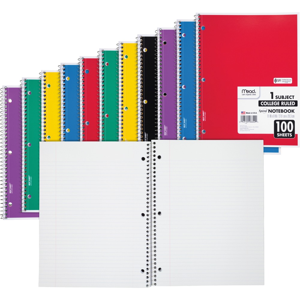 MEA06622BD - Classic, one-subject spiral notebook can always come in handy. Great for taking notes in class, recording meeting notes or keeping track of your to-dos, this notebook is up to the task. College-ruled pages maximize the available space and keep your handwriting neatly aligned. Double-sided ruling provides plenty of note-taking space. Notebook spiral binding will not snag and resists uncoiling to keep your notes together. Notebook cover is coated for durability. Perforated pages neatly and cleanly tear out paper. They are three-hole punched for notebook or paper storage within a binder. Notebook includes 100 sheets in a standard, 11" x 8-1/2" page size.