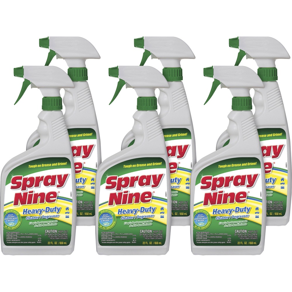 PTX26825BD - Spray Nine's professional-strength cleaning power works hard to remove all types of dirt, grease, grime and stains. It is ideal for facility maintenance, cafeterias, breakrooms, locker rooms and more. This one product has nine uses: 1) cleans; 2) degreases; 3) disinfects against viruses in 30 seconds; 4) disinfects against bacteria in 45 seconds; 5) sanitizes in 10 seconds; 6) kills fungus in 3 minutes; 7) deodorizes; 8) controls mold and mildew and 9) removes stains. Heavy-duty Cleaner/Degreaser Plus Disinfectant is EPA-registered and NSF C1-Rated.