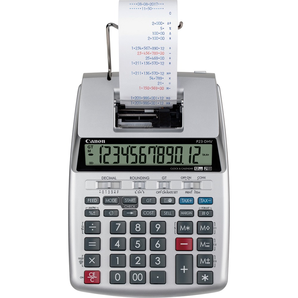 CNMP23DHV3 - 12-digit printing calculator offers simplicity, portability and convenience wherever your work takes you. Two-color ink prints positive numbers in blue, and negative numbers in red to prevent you from making costly reading errors. Double-check function helps minimize miscalculations for more accurate results. Clock and calendar function enables you to view the time and date with a quick glance. Printing calculator also includes tax calculation, currency conversion, various decimal positions, sign change and more.