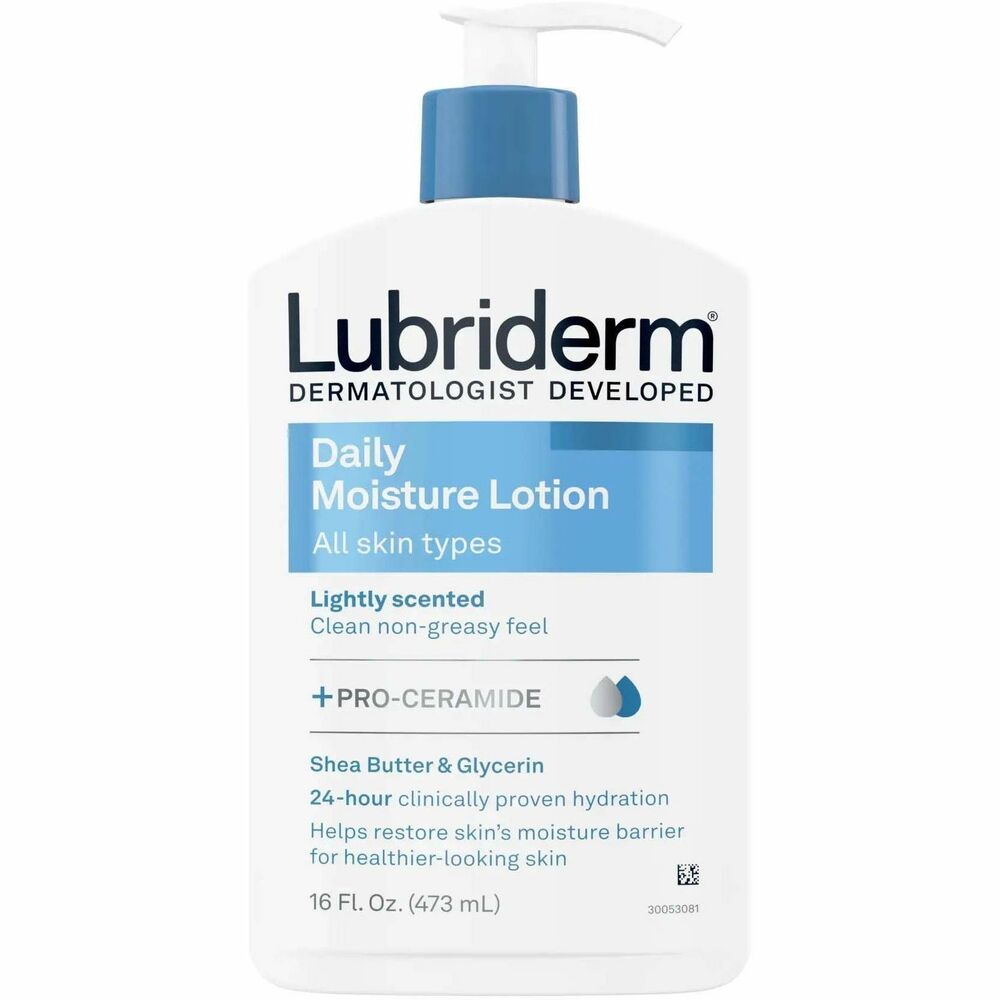 JOJ48305 - Ideal for normal-to-dry skin types, Lubriderm Daily Moisture Lotion replenishes and moisturizes dry skin. From a dermatologist-developed brand, this daily hydrating lotion is clinically shown to help moisturize dry skin for 24 hours, achieving healthy-looking skin. Lotion is enriched with Pro-Vitamin B5 and essential moisturizers naturally found in healthy skin to improve your skin's moisture barrier. Great for smoothing over hands and body every day, Lubriderm Daily Moisture Lotion is nongreasy for a clean, pleasant feel on the skin.