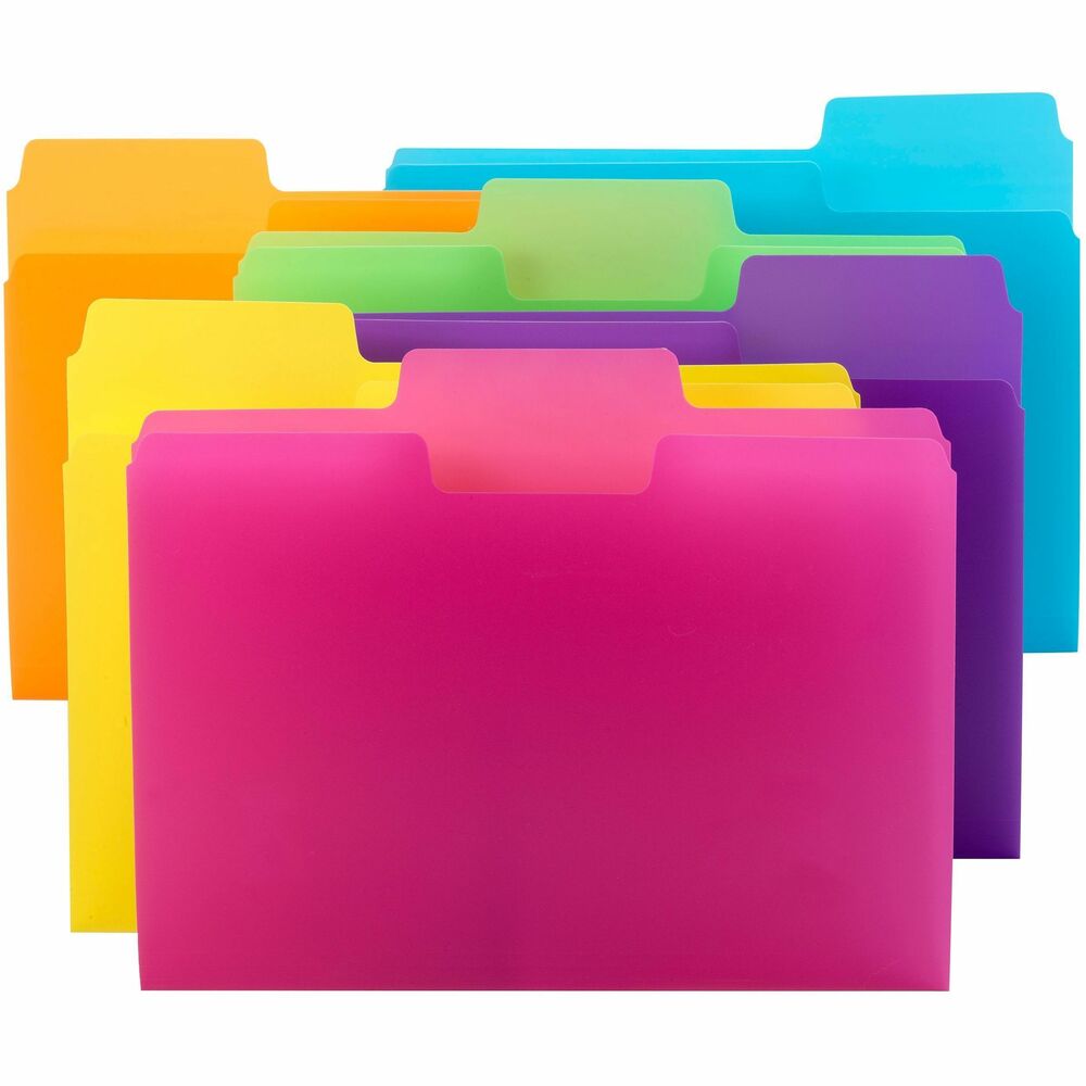 SMD10515 - SuperTab Poly Folders in super-bright colors will liven up your desktop and are easy to find in any filing system. Oversize tabs feature a 90 percent larger labeling area than standard folders so you can use larger text or more lines of description. 1/3-cut tabs come in assorted positions for easy label viewing. Durable poly resists tearing, repels moisture and easy to clean. The PVC-free material is acid-free. Folder fits any vertical or lateral filing system. Assorted colors include blue, green, orange, purple, yellow and pink.