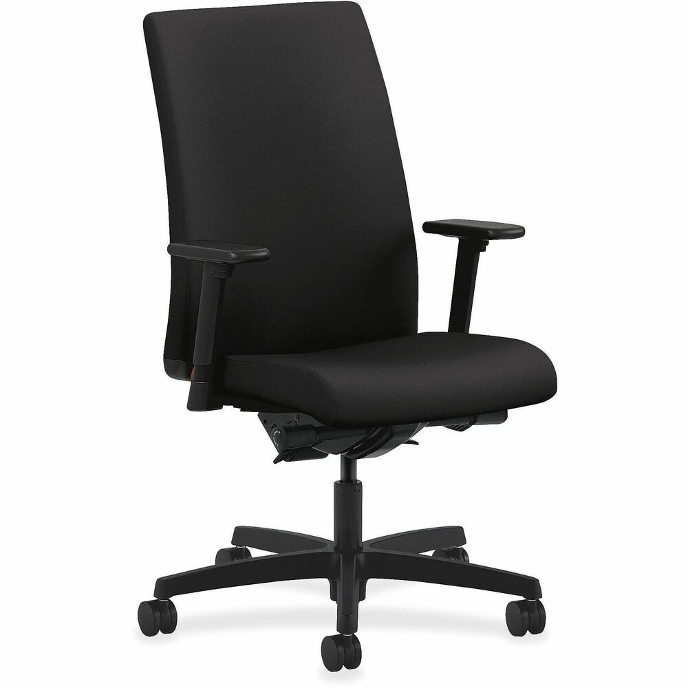 HONIW104CU10 - Mid-back Task Chair is designed to provide comfortable support for those who spend more than half the day at their desk or computer. As part of the HON Ignition Seating Series, this chair is perfect behind a desk or around a conference table. Deeply sculpted lumbar support cradles the lower back. Synchro-tilt and independent back angle deliver an exceptional range of motion. Other functions include pneumatic seat-height adjustment from 17-1/2" to 22" , seat-glide mechanism, back-angle adjustment, ratchet back-height adjustment from 21" x 24" , 360-degree swivel, tilt, tilt tension, tilt lock and synchronized knee tilt. These functions make it feel like the chair was designed just for you. Arms adjust in height and width for upper body support wherever it feels best. Weight capacity is 300 lb. Design also features black fabric upholstery; five-star base; and dual-wheeled casters for easy mobility. More from the Manufacturer