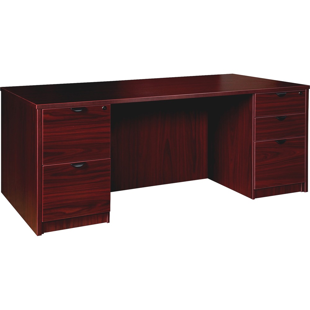 LLRPD3672DPMY - Double-pedestal desk is part of the elegant, Lorell Prominence 2.0 Series that is perfect for your executive office. Durable, Mahogany laminate surface is mar-resistant, burn-resistant and impact-resistant to withstand daily work life. The 1" thick top with matching 3mm edgebanding is made with 45 lb. density particleboard and finished on both sides with high-performance, thermally fused melamine. Freestanding, 66" wide desk features a full modesty panel, two grommets in the top, and two 3/4 pedestals with locking drawers to secure files and supplies. One pedestal includes two file drawers while the other pedestal includes two box drawers for supplies and one file drawer for additional file space. File drawers hold letter-size or legal-size hanging files with included hangrails. Box and file drawers have 100 lb. full-suspension, ball-bearing slides. The 3/4" adjustable glides allow desk to remain level on uneven surfaces. Desk ships fully assembled so it's ready for immediate use.