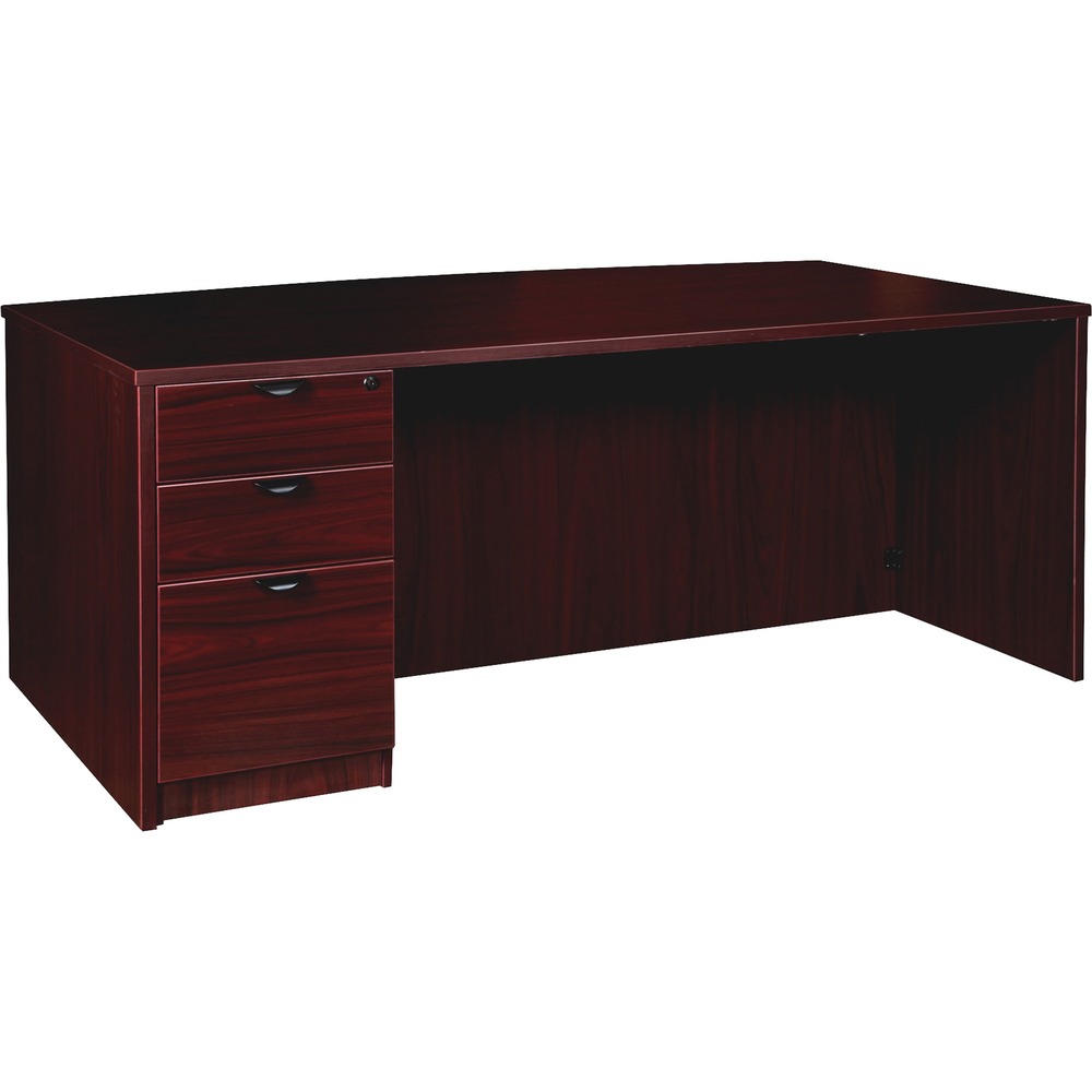 LLRPD4272LSPBMY - Left-pedestal bowfront desk is part of the elegant, Lorell Prominence 2.0 Series that is perfect for your executive office. Pair with single-pedestal desks, returns and bridges to create L-shaped and U-shaped configurations. Durable, Mahogany laminate surface is mar-resistant, burn-resistant and impact-resistant to withstand daily work life. The 1" thick top with matching 3mm edgebanding is made with 45 lb. density particleboard and finished on both sides with high-performance, thermally fused melamine. Freestanding, 72" wide desk features a full modesty panel for privacy, two grommets in the top, and a full pedestal with locking drawers to secure files and supplies. Pedestal includes two box drawers for supplies and one file drawer for letter-size or legal-size hanging files with included hangrails. Box and file drawers have 100 lb. full-suspension, ball-bearing slides. The 3/4" adjustable glides allow desk to remain level on uneven surfaces. Desk ships fully assembled.