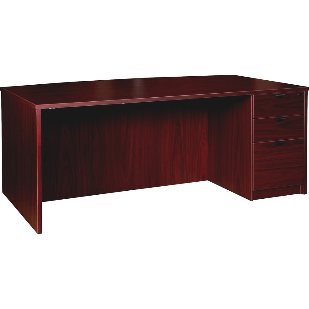 LLRPD4272RSPMY - Right-pedestal bowfront desk is part of the elegant, Lorell Prominence 2.0 Series that is perfect for your executive office. Pair with single-pedestal desks, returns and bridges to create L-shaped and U-shaped configurations. Durable, Mahogany laminate surface is mar-resistant, burn-resistant and impact-resistant to withstand daily work life. The 1" thick top with matching 3mm edgebanding is made with 45 lb. density particleboard and finished on both sides with high-performance, thermally fused melamine. 72" wide desk features a full modesty panel for privacy, two grommets in top and a full pedestal with locking drawers to secure files and supplies. Pedestal includes two box drawers for supplies and one file drawer for letter-size or legal-size hanging files with included hangrails. Box and file drawers have 100 lb. full-suspension, ball-bearing slides. The 3/4" adjustable glides allow desk to remain level on uneven surfaces. Desk ships fully assembled so it's ready for immediate use.