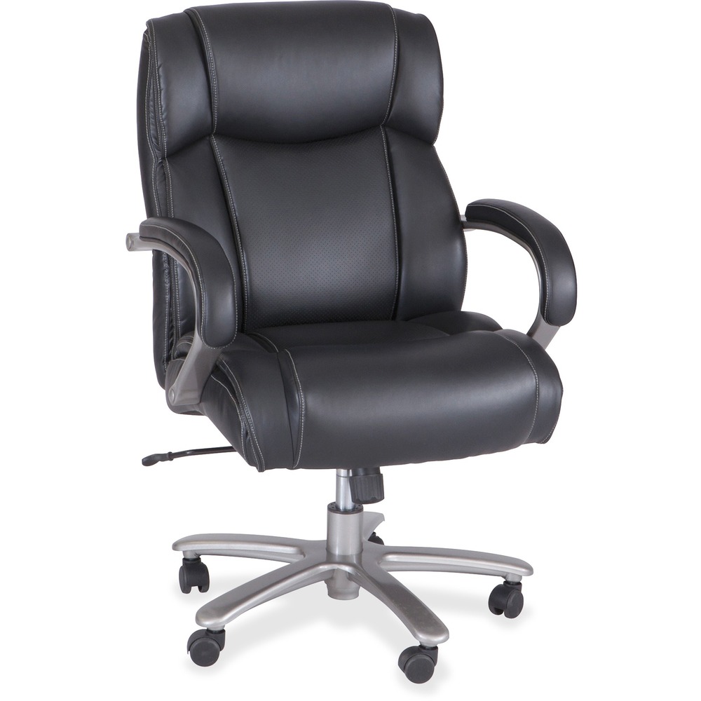 SAF3503BL - This Big & Tall Mid-Back Task Chair is ideal for use in personal work spaces or conference rooms. The mid-back design provides a comfortable back support and features black bonded leather on all seating surfaces for a comfortable and professional-looking chair. Heavy-duty height and tilt mechanisms allow you to quickly and easily adjust the height and tilt of the chair to your optimal comfort level. Height-adjustment ranges from 42" to 46" to suit a variety of users. This long-lasting chair also features chrome metal armrests with upholstery pads for comfortable, ergonomic support. The sturdy, 29" chrome metal base is mobile on 55mm heavy-duty casters (wheels) to provide smooth movement across the work space. Chair offers a weight capacity up to 400 lb.