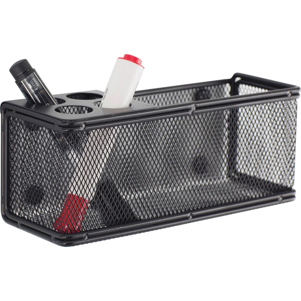 SAF3612BL - Onyx Mesh Marker Organizer with Basket is a magnetic whiteboard accessory that allows easy storage of dry-erase markers and erasers. It includes four stand-up marker holders that fit most standard whiteboard dry-erase markers, making it easy to grab a marker when needed and helping to ensure markers are stored upside down so that they last longer. The magnetic back allows use on whiteboards or any other magnetic surface, and features Rare Earth Magnets that are strong enough to work on Magnetic Glass Marker Boards as well as standard magnetic whiteboards. Caddy also includes a basket that can hold erasers, markers or other supplies for easy access. This organizer also offers the option of mounting to a wall with use of steel plate (included). Sturdy steel wire mesh construction of this caddy has a black powder-coat finish for scratch-resistance and chip-resistance. Rolled edges are smooth to the touch and give a polished appearance.