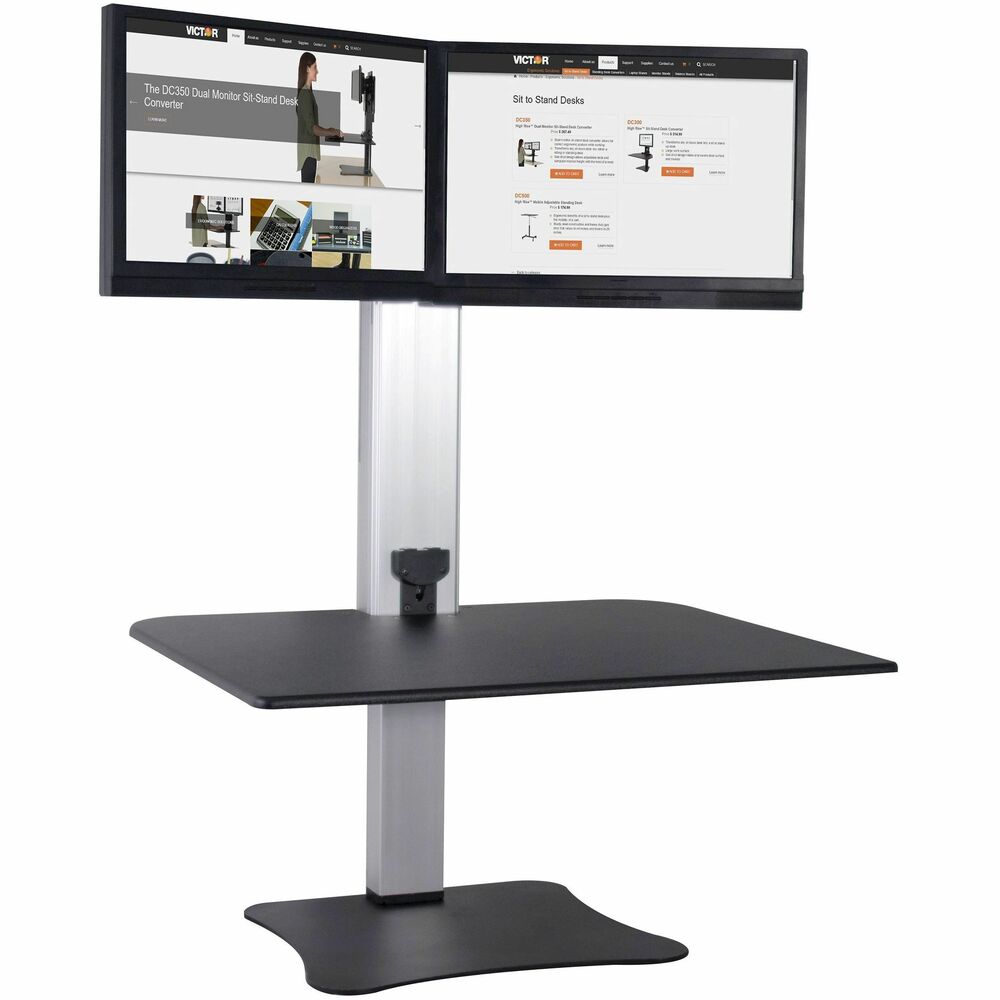 VCTDC450 - Transform any sit-down desk into a sitting or stand-up desk with the DC450 Electronic Standing Desk Workstation. The 28" wide x 23" deep worksurface is raised up to 20" for ergonomic placement of monitor, keyboard, mouse, telephone and papers while standing. Electric motor design allows easy custom height adjustment with the push of a button. Monitor holder is also height-adjustable with a range of 12-1/2". To switch to sitting position, simply push a button and lower the surface down to desktop level. Safety Sensor stops movement when obstacles are detected under the desk. Sleek wood construction and a durable laminate coating provide years of use with a modern style. Sturdy steel base and aluminum tower are built to last. This standing desk converter rests on top of any desk or table. With no attachments to tie you down, it easily repositions. It holds two monitors up 27" wide and up to 12.5 lb. each. Standard VESA mounting holes are required. More from the Manufacturer