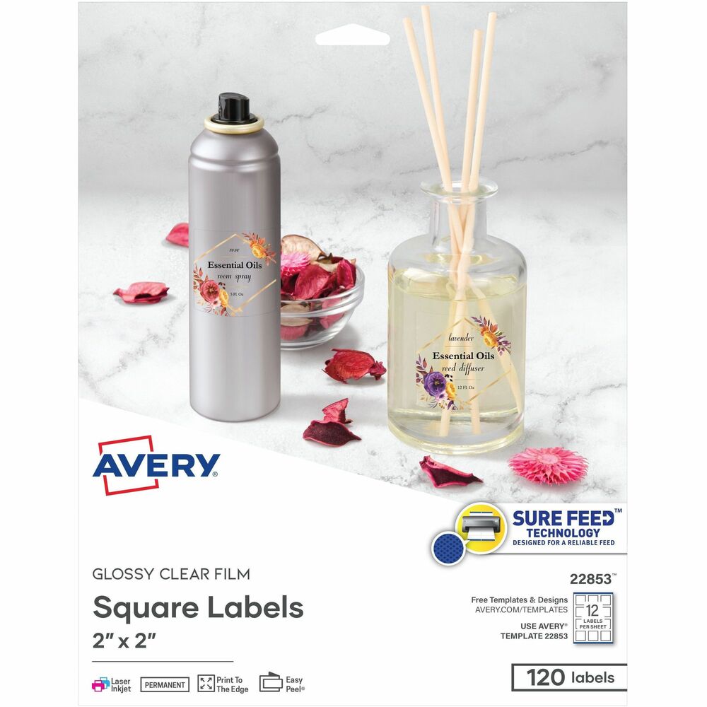AVE22853 - These customizable, Glossy Clear Square Labels will give your products a professional, printed-on look that is sure to stand out. Clear labels virtually disappear when applied. Print-to-the-edge capability lets you apply bold colors and sharp clear text all the way to the label's edge to vividly showcase your logo or information. Patented, Easy Peel label sheets with the Pop-up Edge ensure a quick, easy application. Simply bend the label sheet back, peel and return the sheet to a flat position. It's that easy. Backed with permanent adhesive, the labels stick to glass, plastic, paper and more, allowing you to put your mark on nearly any product. With free online templates and designs, you can easily customize the labels with your unique marketing strategy in mind. Labels are compatible with both laser and inkjet printers. Each letter-size sheet includes 12 labels. More from the Manufacturer