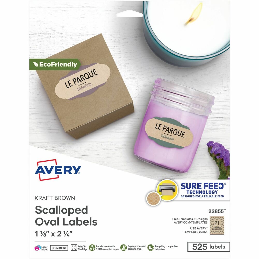 AVE22855 - These Kraft Brown Scalloped Labels provide an earthy, natural look for showcasing your brand, logo or product name and are ideal for use on products, brochures, mail pieces and other business items. Made from a high percentage of post-consumer content, the labels are very earth-friendly. Patented, Easy Peel label sheets with the Pop-up Edge ensure a quick, easy application. Simply bend the label sheet back, peel and return the sheet to a flat position. It's that easy. The print-to-the-edge capability lets you add bold colors and text to the edge of the label. The permanent adhesive sticks to glass, plastic, paper and more so you can put your mark on nearly any product. With free online templates and designs, you can easily customize the labels with your branding in mind. Labels are compatible with both laser and inkjet printers. More from the Manufacturer