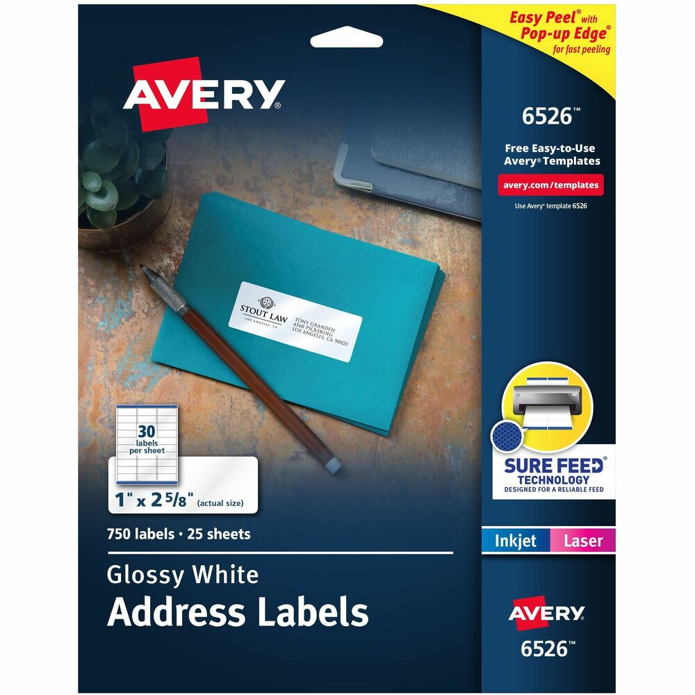 AVE6526 - Glossy labels provide a premium, custom-printed look. They are ideal for bright-colored surfaces. Easy Peel label sheets with address labels bend to expose Pop-Up Edge for fast peeling. Labels are easy to customize with free online templates from Avery Design and Print. Permanent labels are guaranteed to stick and stay. The 8-1/2" x 11" sheets are compatible with both laser and inkjet printers. More from the Manufacturer