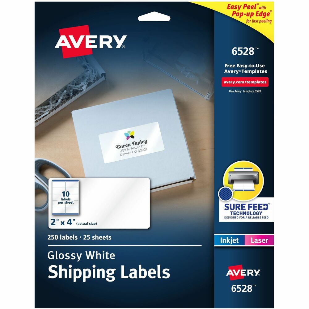 AVE6528 - Glossy labels provide a premium, custom-printed look. They are ideal for bright-colored surfaces. Easy Peel label sheets with address labels bend to expose Pop-Up Edge for fast peeling. Labels are easy to customize with free online templates from Avery Design and Print. Permanent labels are guaranteed to stick and stay. The 8-1/2" x 11" sheets are compatible with both laser and inkjet printers. More from the Manufacturer