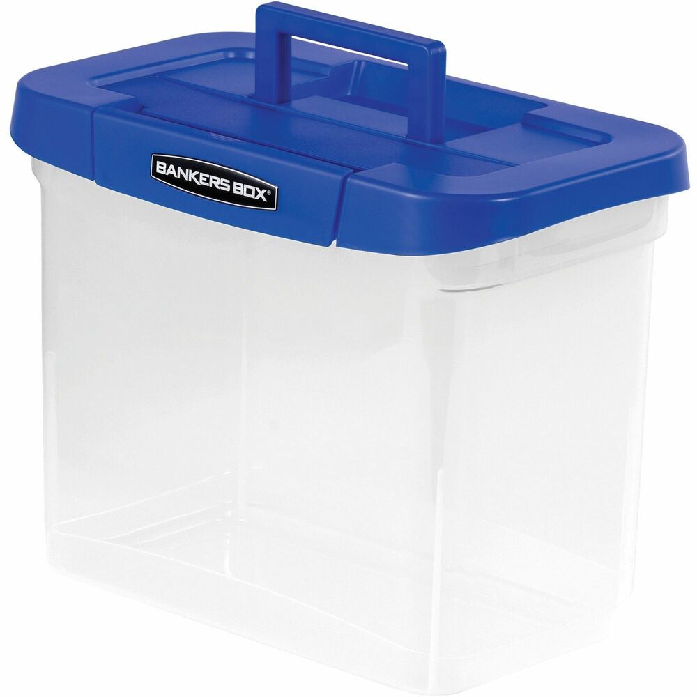 FEL0086301 - Bankers Box Heavy-duty Portable File Box provides organized and secure, waterproof storage and transport of letter-size documents. Durable plastic (polypropylene) construction features reinforced corners for added strength so the file box can stack up to five high. Modular design of the TAA-compliant file box means easy stackability. Comfortable handles allow easy lifting. The latching lid with handy organizer compartment ensures secure transport. Built-in hanging rail keeps files organized and accessible. Inside dimensions are 6-3/4" x 11-3/4" x 10-3/4".