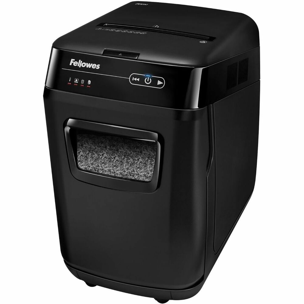 FEL4656201 - AutoMax 200M Micro-Cut Shredder can automatically shred up to 200 sheets of paper with the touch of a button or manually shred up to 10 sheets into 2,154 (5/64" x 35/64" Security Level P-5) micro-cut particles. It also safely shreds CDs/DVDs, credit cards, staples, paper clips and junk mail. The 200M is equipped with AccuFeed Technology providing fast automatic shredding for increased productivity. Simply load the drawer, push the button and walk away. For jam prevention, this machine uses Auto Reverse Technology that automatically stops and reverses the paper if a jam occurs. The 200M's SilentShred Technology and energy-saving Sleep Mode system allow this machine to integrate easily to any environment. With the ability to shred for up to 12 minutes before a cooldown period is needed, the 200M is ideal for personal deskside use and includes an 8-1/2-gallon pullout bin. More from the Manufacturer