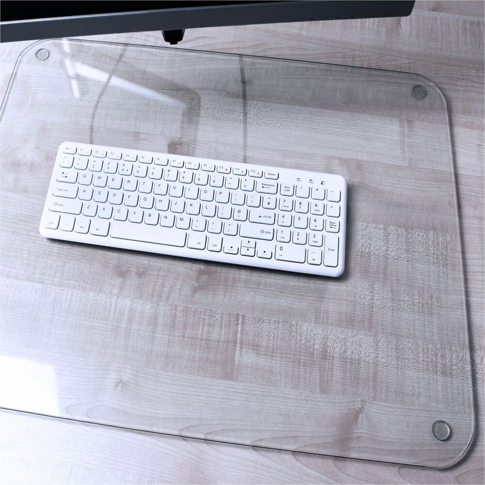 FLRFCDE2036G - Desktex Glaciermat Glass Desk Pad offers an added touch of class to desk protection. Reinforced tempered glass provides an elegant appearance plus total clarity to view photographs or documents below the pad. Durable construction will not crack or discolor. Crystal-clear desk pad protects desk from scratches and stains. Design also includes straight edges and radius corners and is complete with silicone feet for maximum stability.