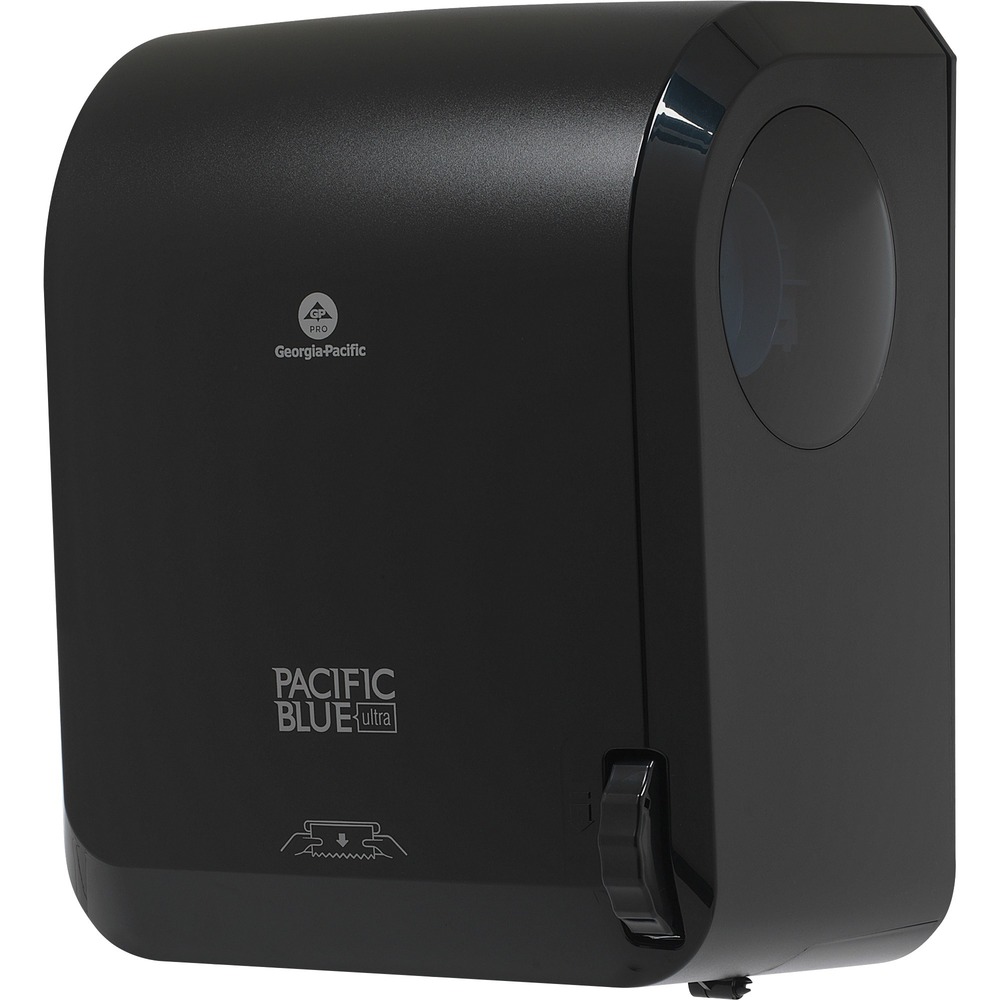 GPC59589 - Part of the Pacific Blue Ultra family, this mechanical towel dispenser features a no-touch hang mode. The one-at-a-time, enclosed dispensing lets you only touch the paper towel you use. That helps cut down on germ transmission and helps reduce waste. It uses the same paper towel refills as the Pacific Blue Ultra Automated Dispenser (sold separately) so you can use dispensers in your facility for a considerable value. These Pacific Blue Ultra roll paper towel refills are available in three-roll and six-roll cases, and that versatility helps control costs and maximize storage space. Pacific Blue Ultra Dispenser is built to handle heavy usage.