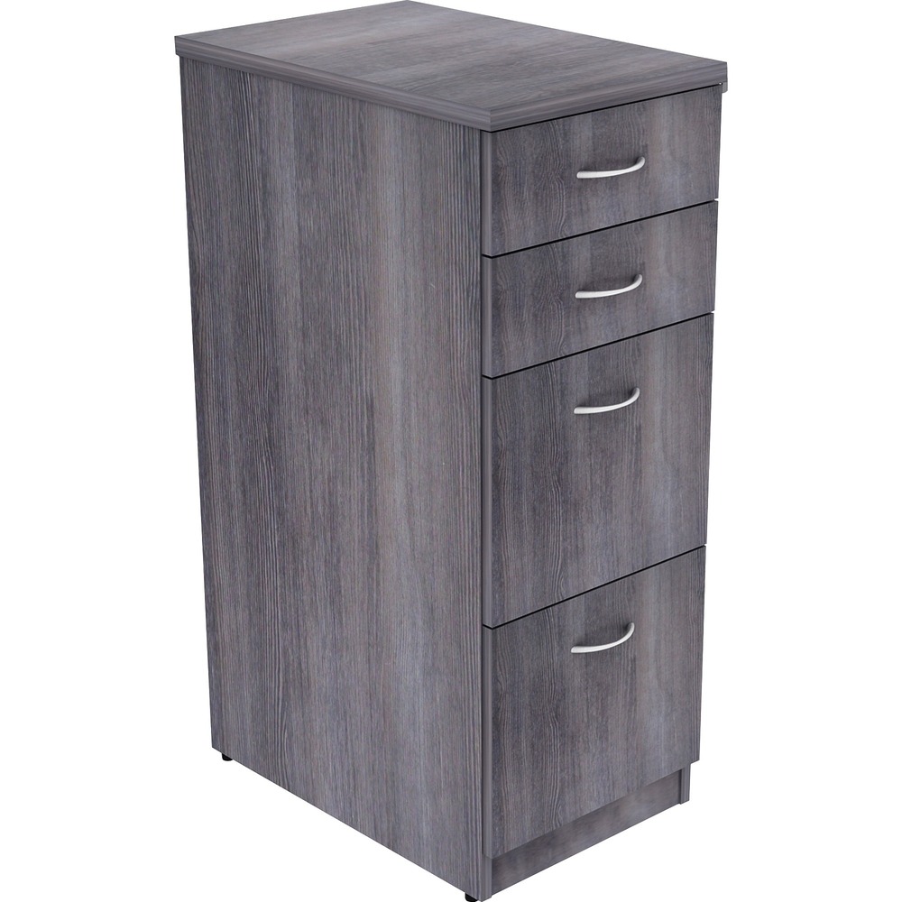 LLR16211 - Four-drawer file cabinet is part of the Lorell Relevance Series, versatile and stylish office furniture that configures to meet your needs. Weathered Charcoal laminate exterior matches other units in the series for a cohesive, professional look. Cabinet with silver pulls includes two box drawers and two file drawers to maximize storage and filing space. Removable top lets you use it freestanding or under a worksurface. File cabinet is made with a side metal frame for durability. Adjustable leveling feet help keep the file cabinet even on uneven surfaces. More from the Manufacturer