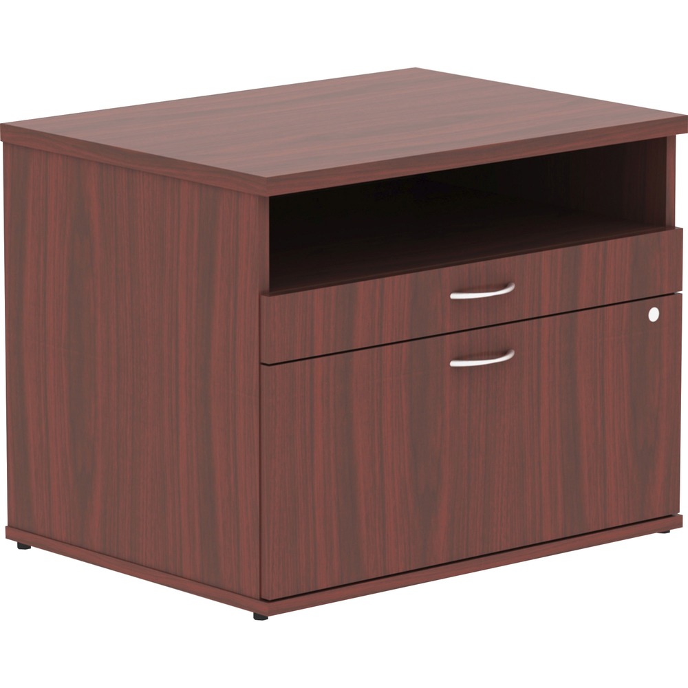 LLR16212 - File cabinet credenza with open shelf is part of the Lorell Relevance Series, versatile and stylish office furniture that configures to meet your needs. Mahogany laminate exterior matches other units in the series for a cohesive, professional look. Low cabinet with silver pulls includes an open shelf, one supply drawer and one lateral file drawer for versatile storage. Adjustable leveling feet help keep the credenza even on uneven surfaces. More from the Manufacturer