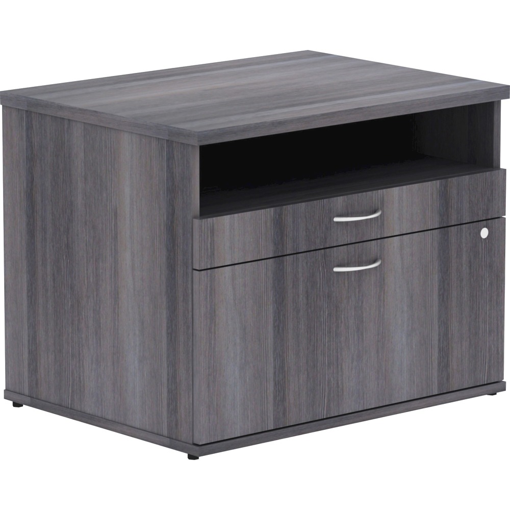 LLR16213 - File cabinet credenza with open shelf is part of the Lorell Relevance Series, versatile and stylish office furniture that configures to meet your needs. Weathered Charcoal laminate exterior matches other units in the series for a cohesive, professional look. Low cabinet with silver pulls includes an open shelf, supply drawer and lateral file drawer for versatile storage. Adjustable leveling feet help keep the credenza even on uneven surfaces. More from the Manufacturer