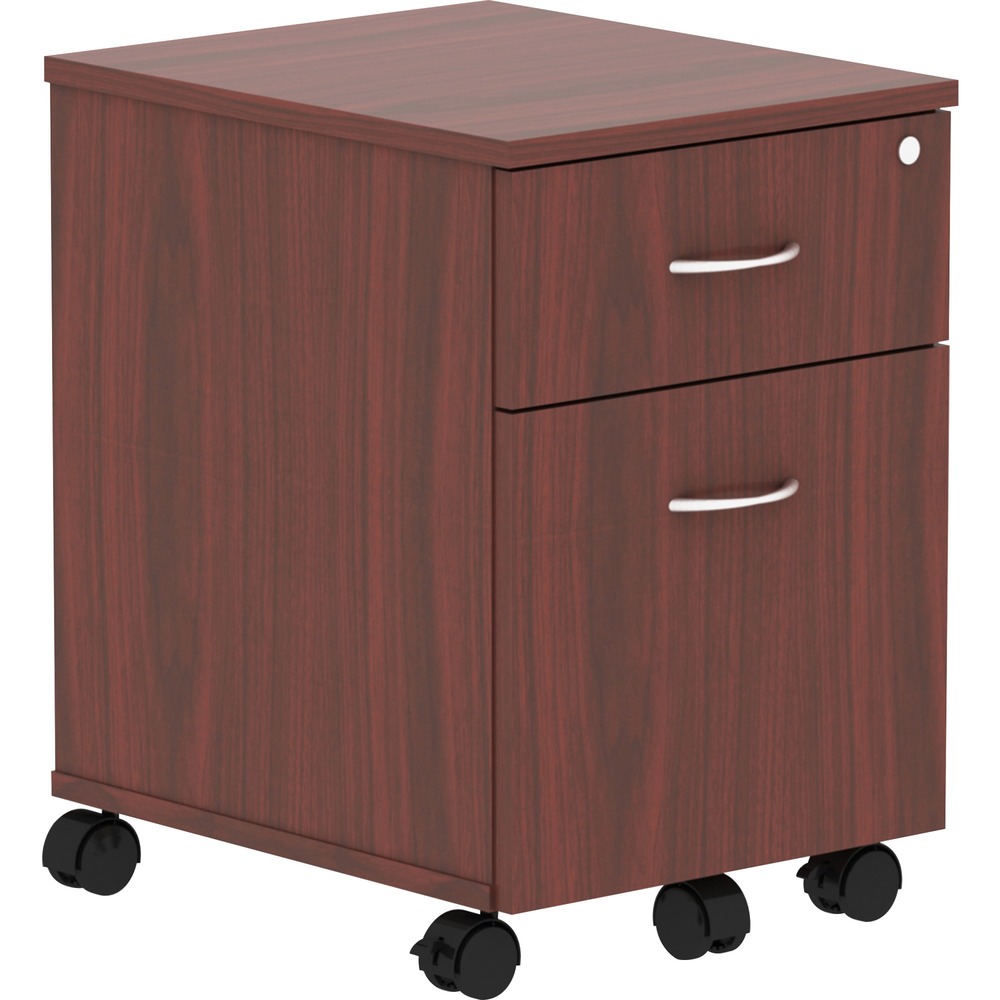 LLR16216 - Mobile pedestal is part of the Lorell Relevance Series, versatile and stylish office furniture that configures to meet your needs. Mahogany laminate exterior matches other units in the series for a cohesive, professional look. Locking pedestal includes four dual-wheeled casters (two locking) for easy mobility, one box drawer for storing supplies and one file drawer for securing your letter-size hanging file folders. Adjustable leveling feet help keep the pedestal even on uneven surfaces. More from the Manufacturer