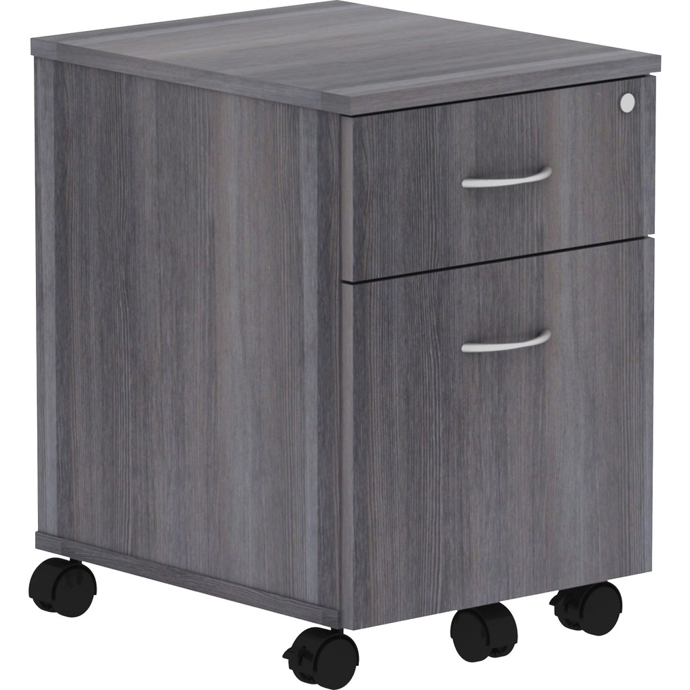 LLR16217 - Mobile pedestal is part of the Lorell Relevance Series, versatile and stylish office furniture that configures to meet your needs. Weathered Charcoal laminate exterior matches other units in the series for a cohesive, professional look. Locking pedestal includes four dual-wheeled casters (two locking) for easy mobility, one box drawer for storing supplies and one file drawer for securing your letter-size hanging file folders. Adjustable leveling feet help keep the pedestal even on uneven surfaces. More from the Manufacturer